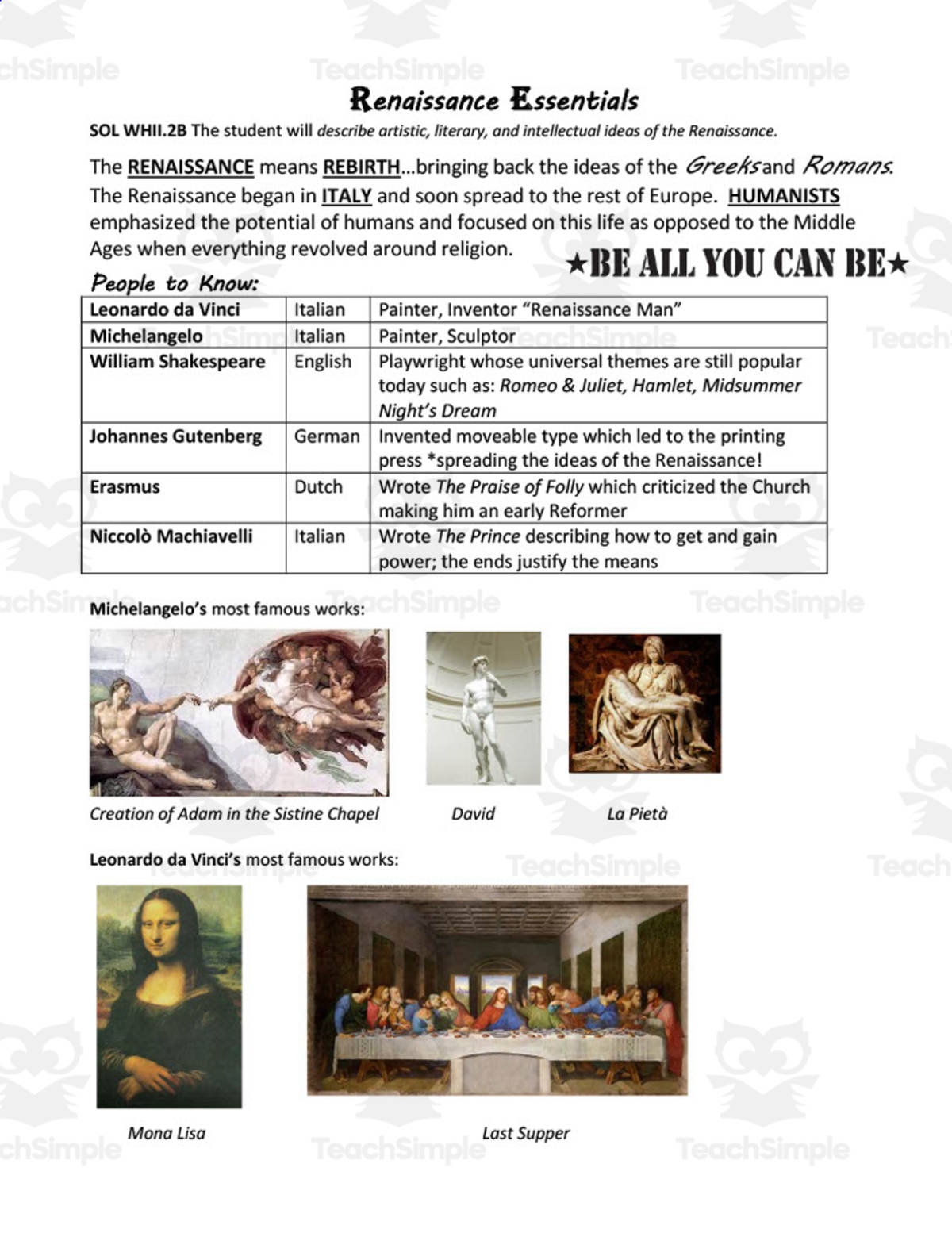 An educational teaching resource from History with DeLong entitled Renaissance Essentials Sheet downloadable at Teach Simple.