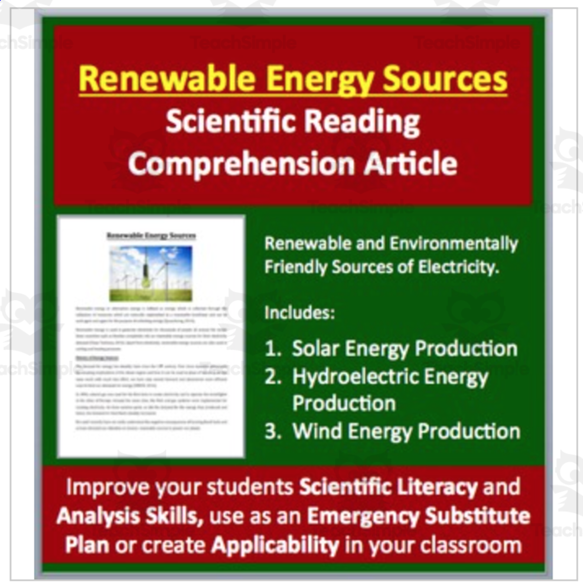An educational teaching resource from Teach With Fergy entitled Renewable Energy Production Reading Comprehension Article downloadable at Teach Simple.