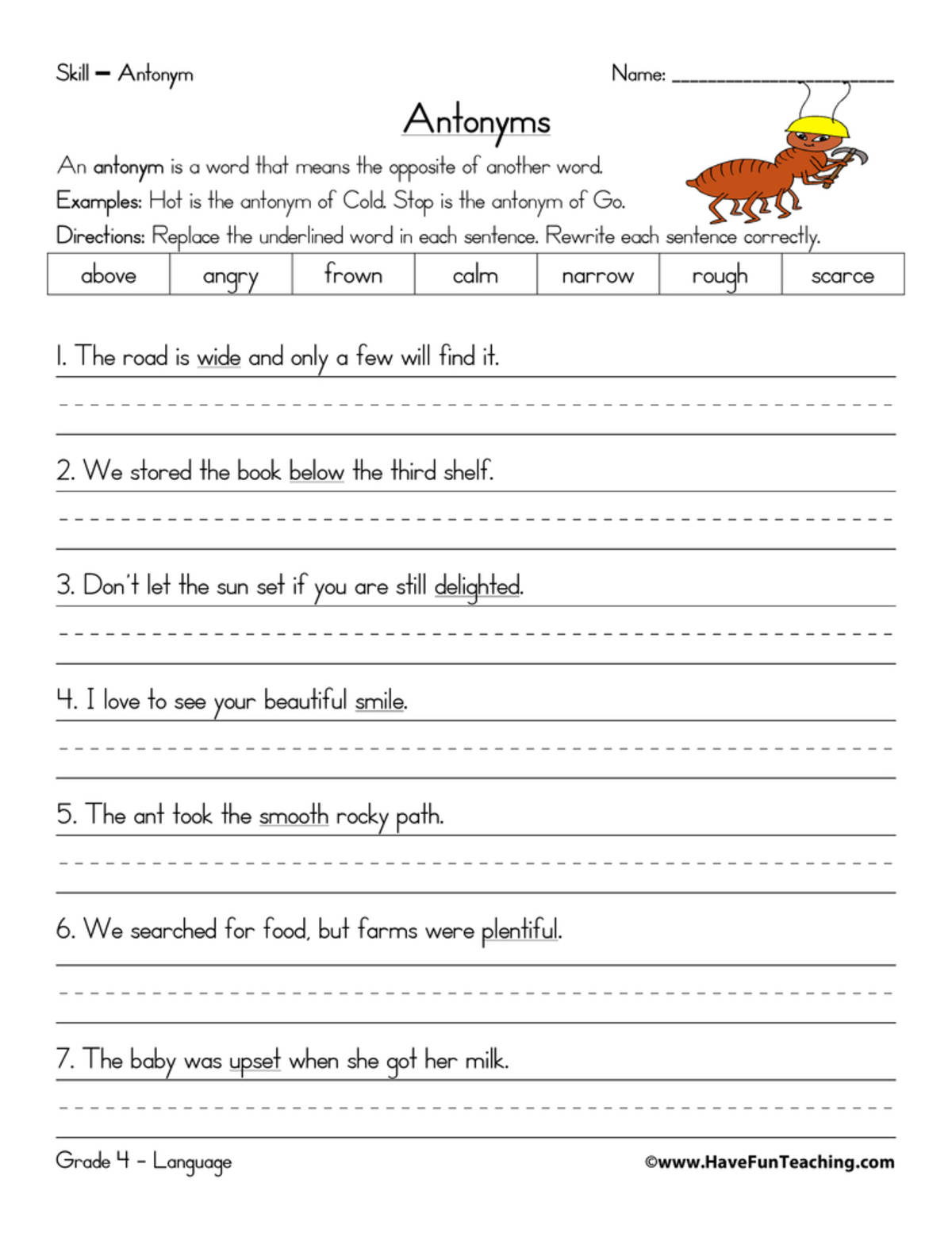An educational teaching resource from Have Fun Teaching entitled Replacing Antonym Worksheet downloadable at Teach Simple.