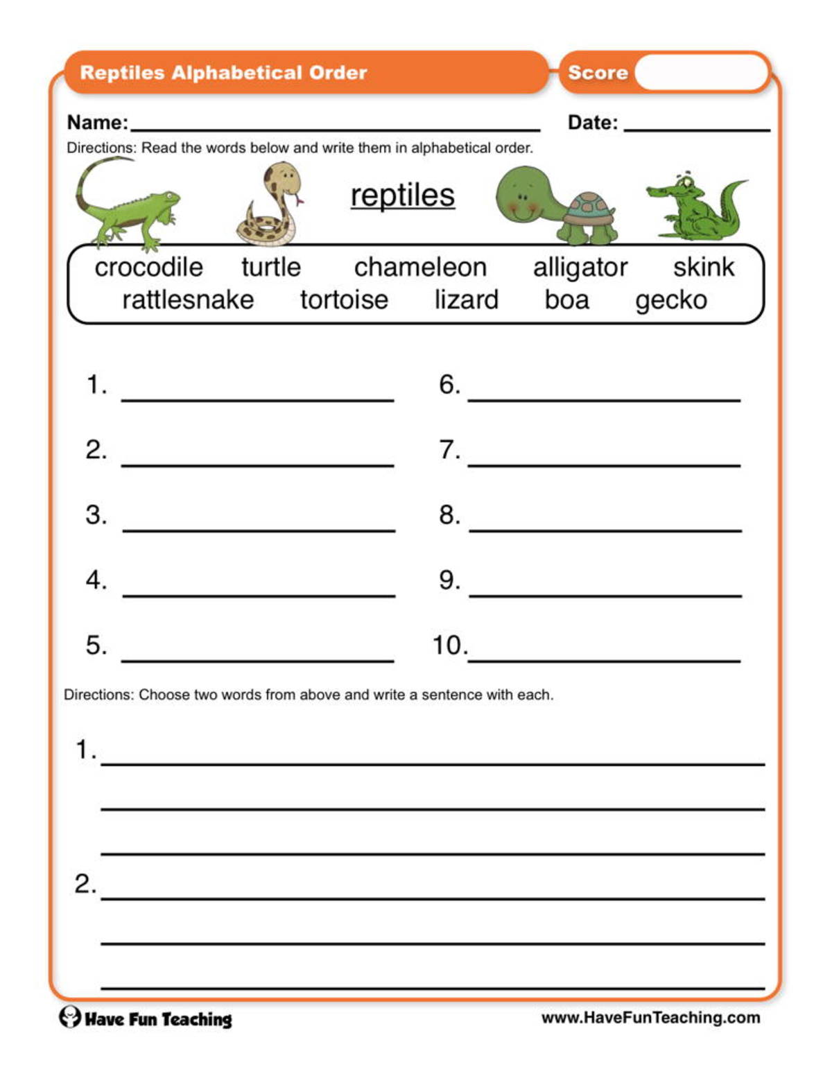 An educational teaching resource from Have Fun Teaching entitled Reptiles ABC Order Worksheet downloadable at Teach Simple.