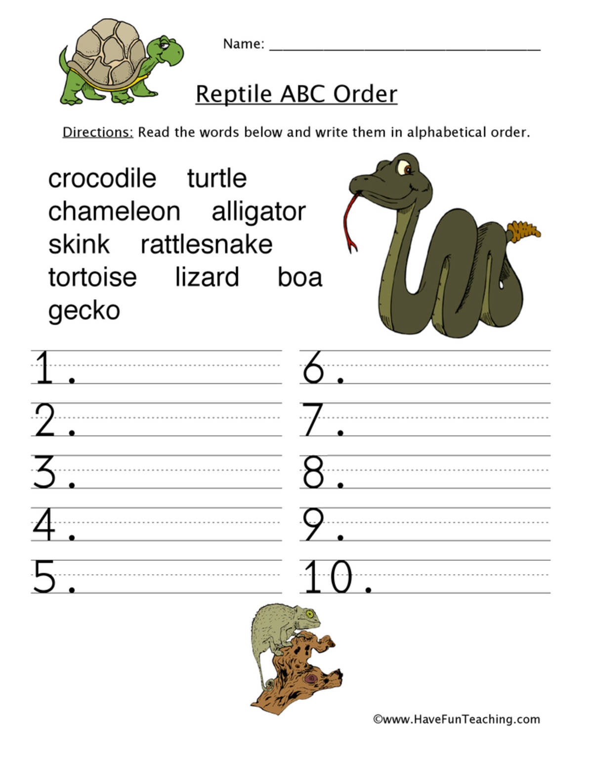 An educational teaching resource from Have Fun Teaching entitled Reptiles Alphabetical Order Worksheet downloadable at Teach Simple.