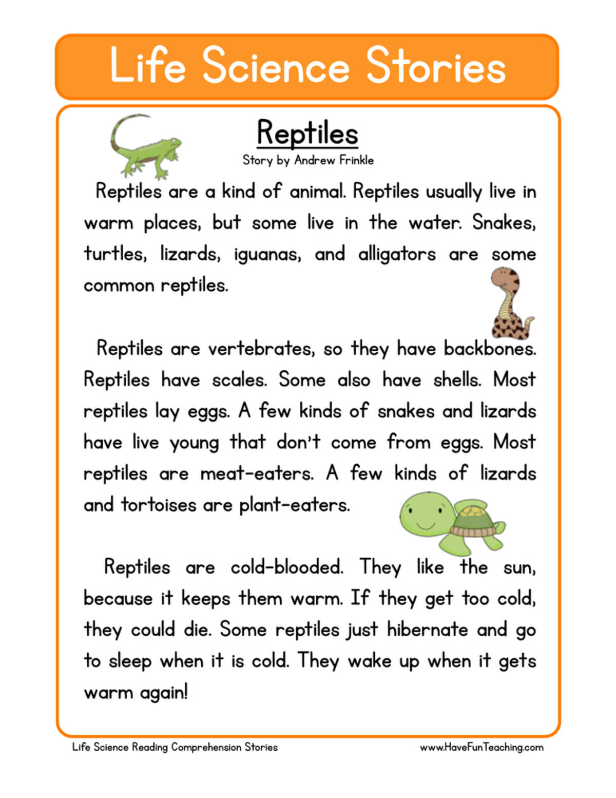 An educational teaching resource from Have Fun Teaching entitled Reptiles Life Science Reading Comprehension Worksheet downloadable at Teach Simple.