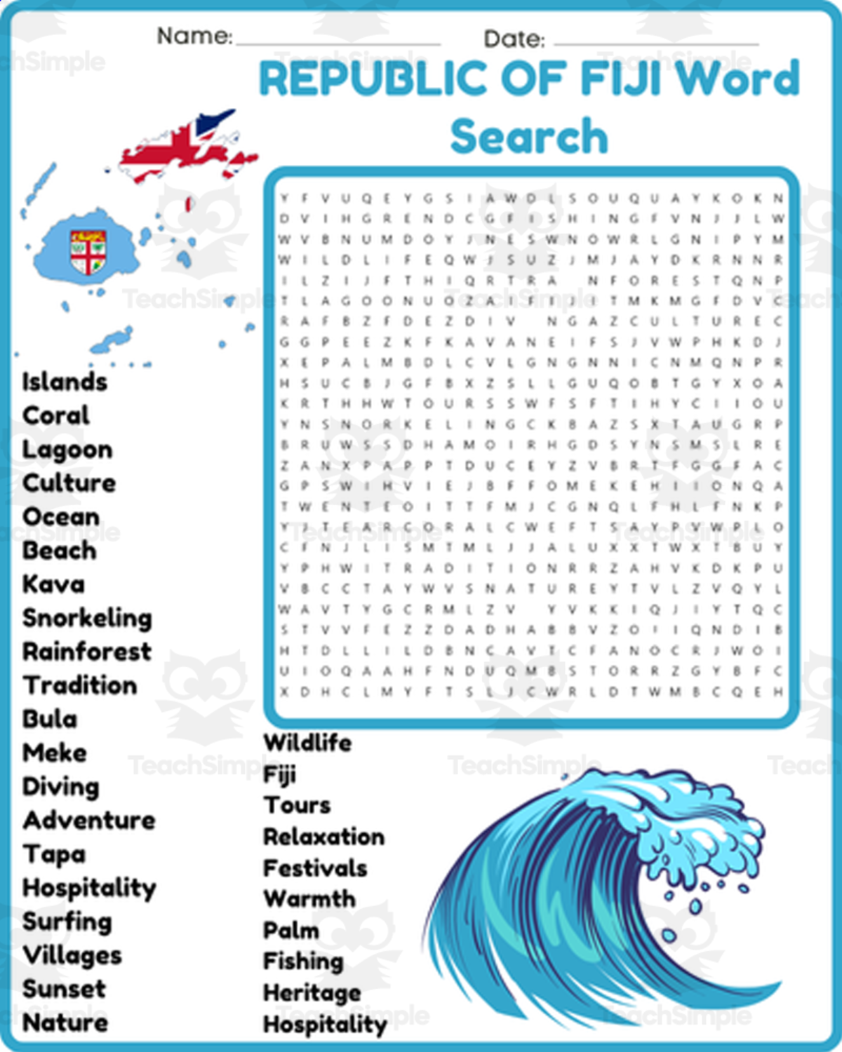 An educational teaching resource from space shope entitled REPUBLIC OF FIJI Word Search Puzzle Worksheet Activity downloadable at Teach Simple.