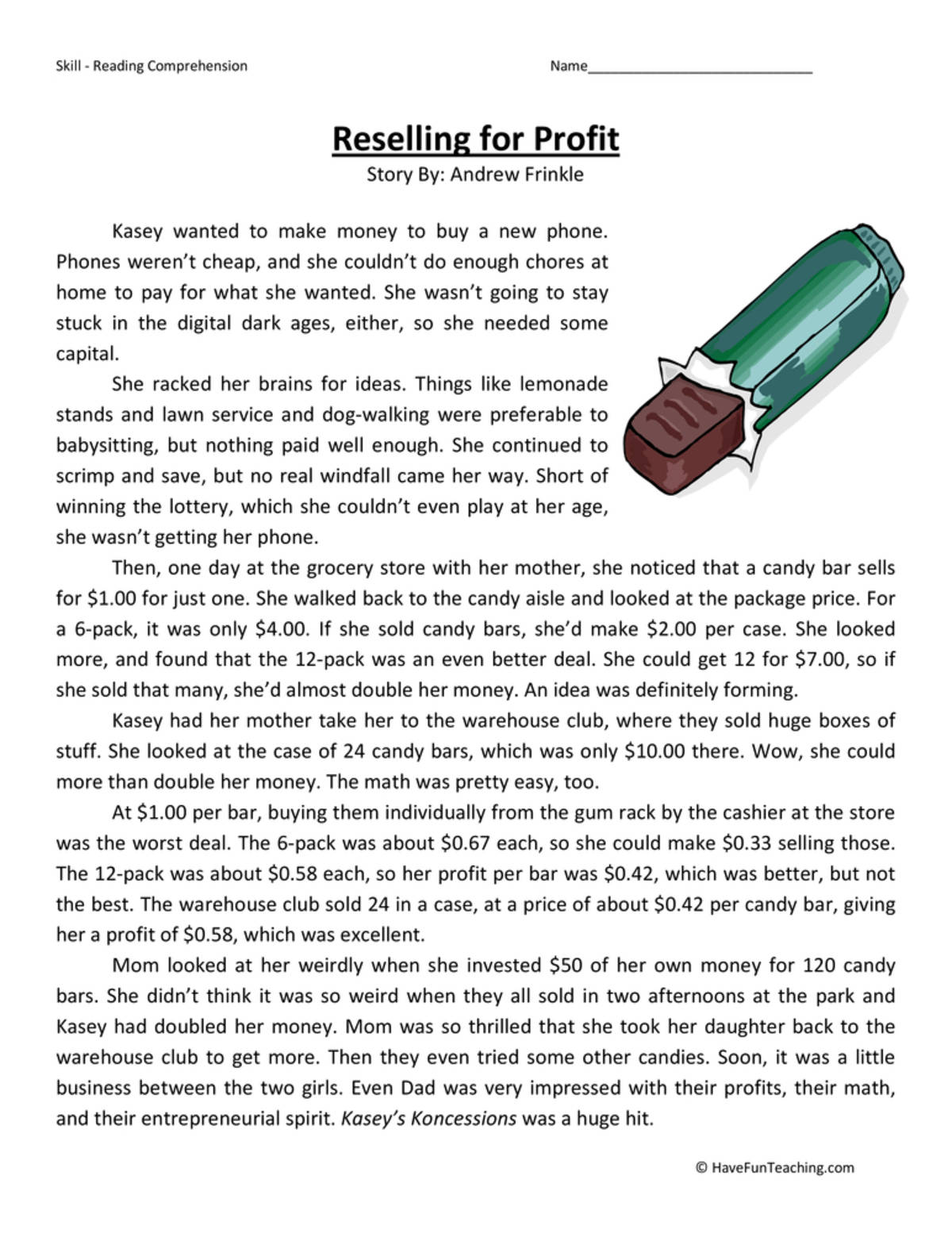 An educational teaching resource from Have Fun Teaching entitled Reselling for Profit Reading Comprehension Worksheet downloadable at Teach Simple.