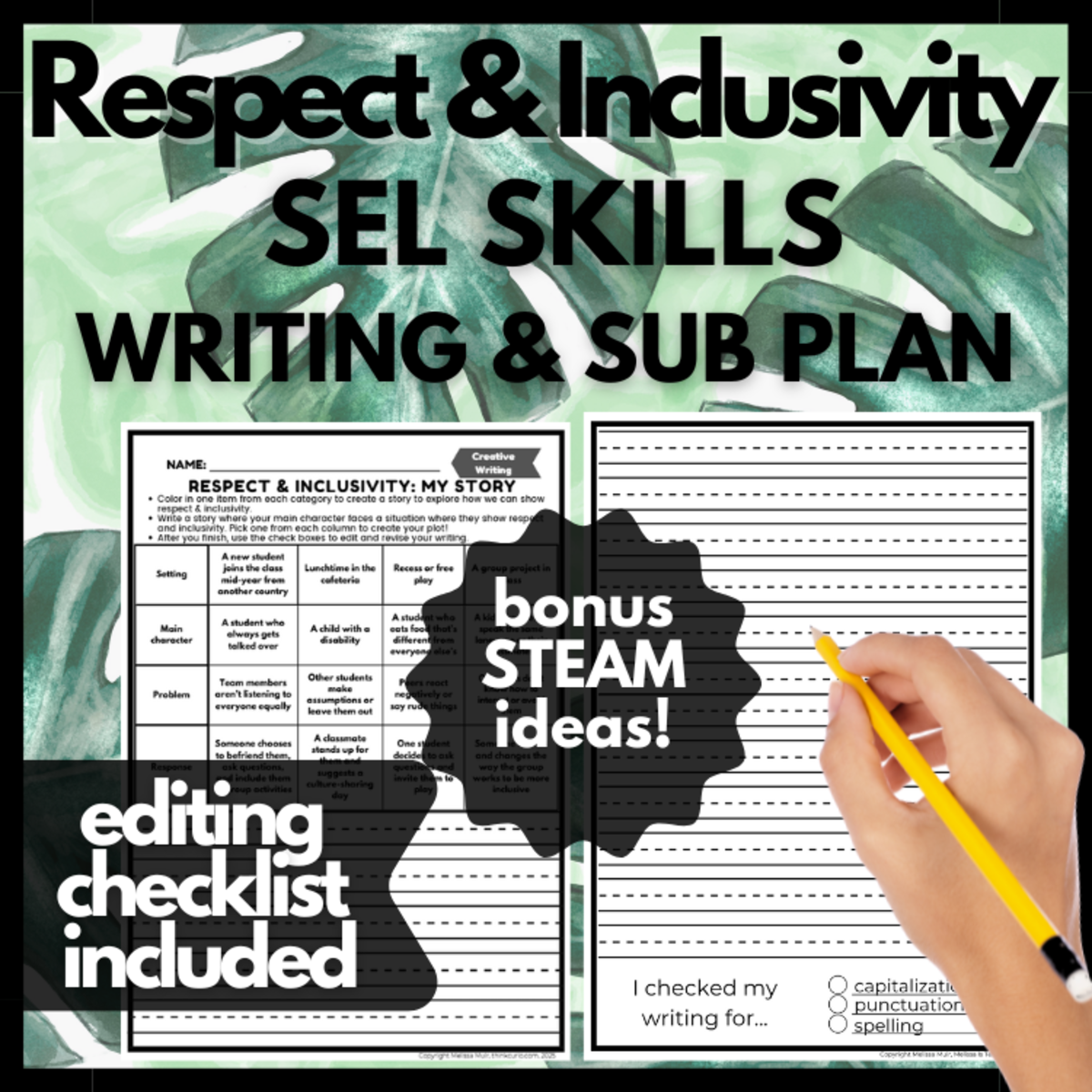 An educational teaching resource from Melissa Is Teaching entitled Respect & Inclusivity Strategies SEL Skills Writing Challenge downloadable at Teach Simple.