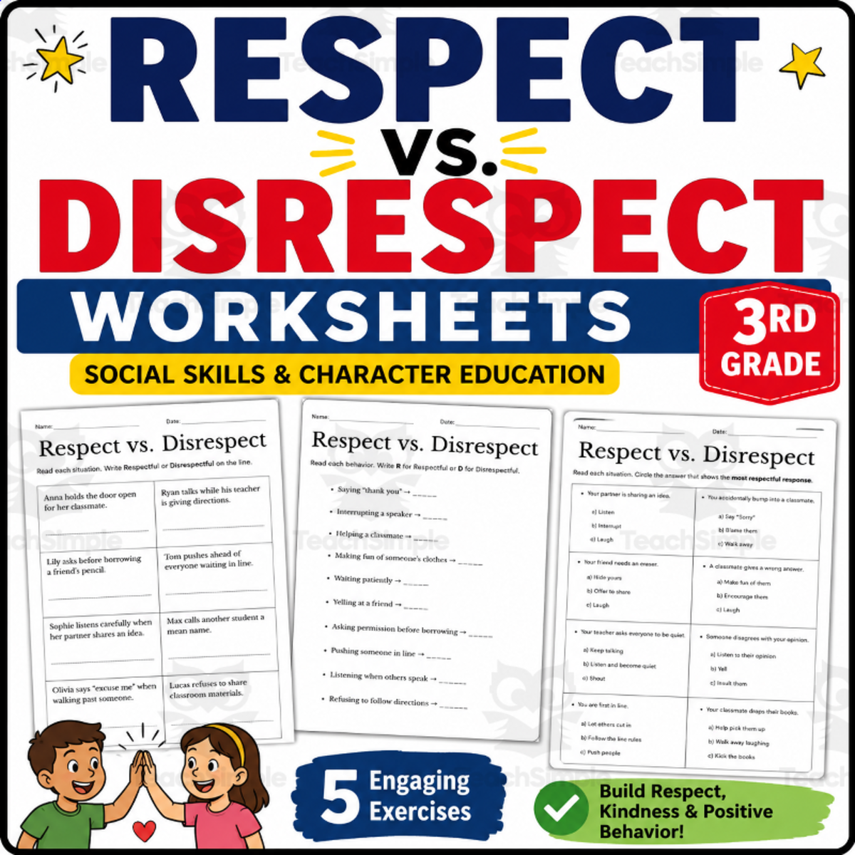 An educational teaching resource from Smart Learning Press entitled Respectful vs. Disrespectful Behavior Worksheets | Grade 3 downloadable at Teach Simple.