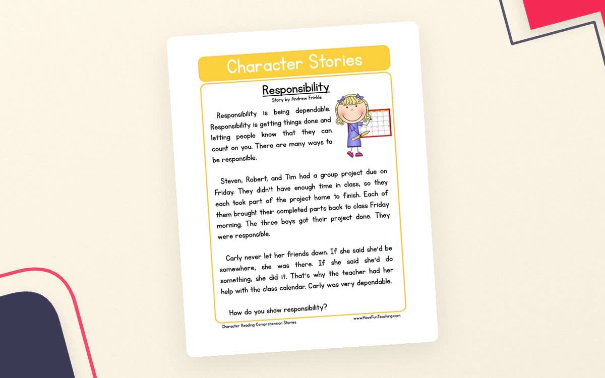 An educational teaching resource from Have Fun Teaching entitled Responsibility Character Reading Comprehension Worksheet downloadable at Teach Simple.