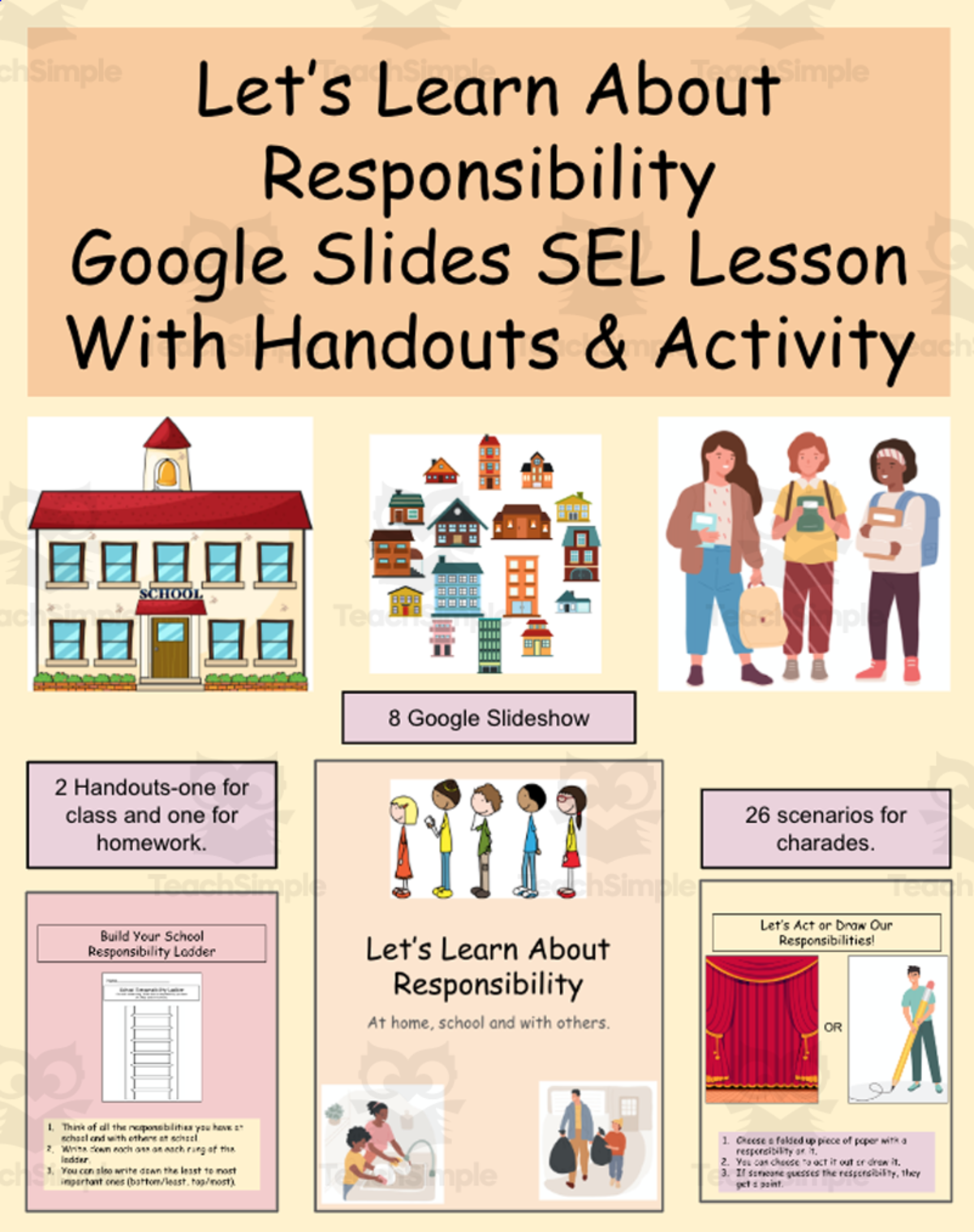 An educational teaching resource from Jennifer Moyer Taylor entitled Responsibility Google Slides SEL Presentation with Handouts downloadable at Teach Simple.