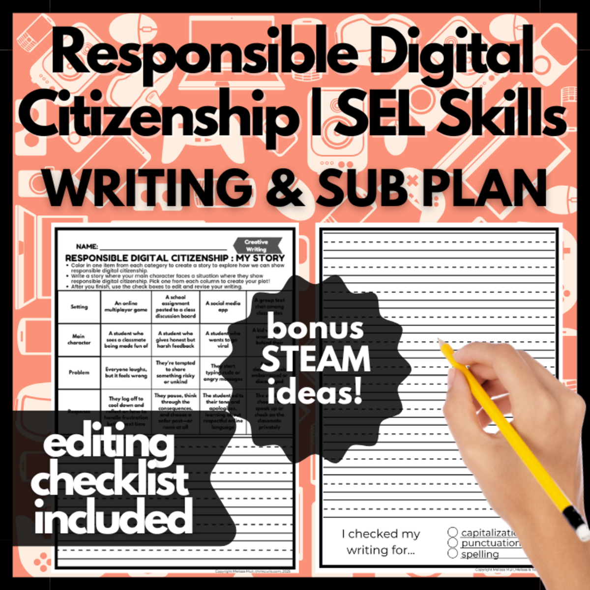 An educational teaching resource from Melissa Is Teaching entitled Responsible Digital Citizenship Strategies SEL Skill Writing Challenge downloadable at Teach Simple.