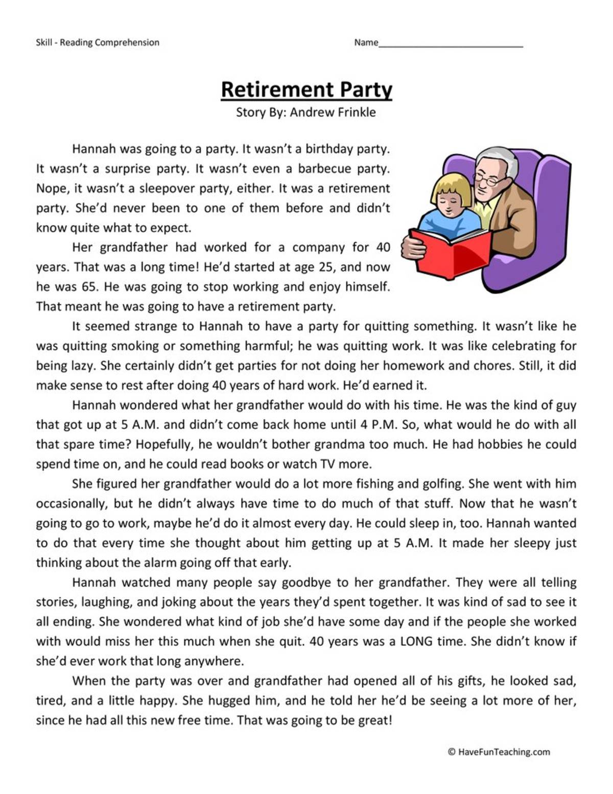 An educational teaching resource from Have Fun Teaching entitled Retirement Party Reading Comprehension Worksheet downloadable at Teach Simple.