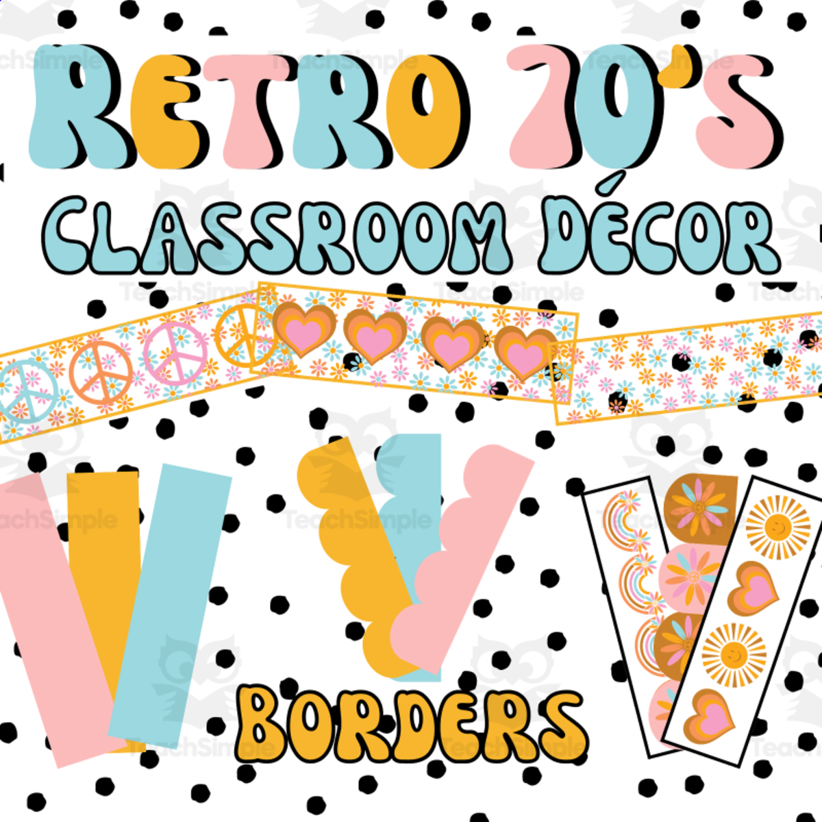 An educational teaching resource from Maude in the Middle entitled Retro 70s Classroom Decor Bulletin Board Borders downloadable at Teach Simple.