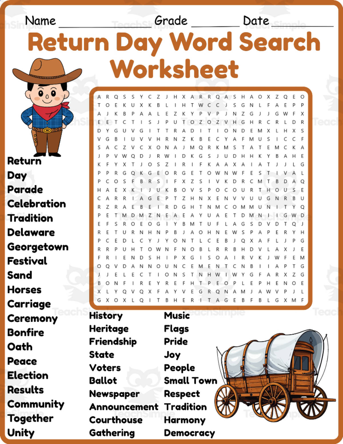An educational teaching resource from Classsimple entitled Return Day Word Search 2rd 3th 4th 5th Grade worksheet activity downloadable at Teach Simple.