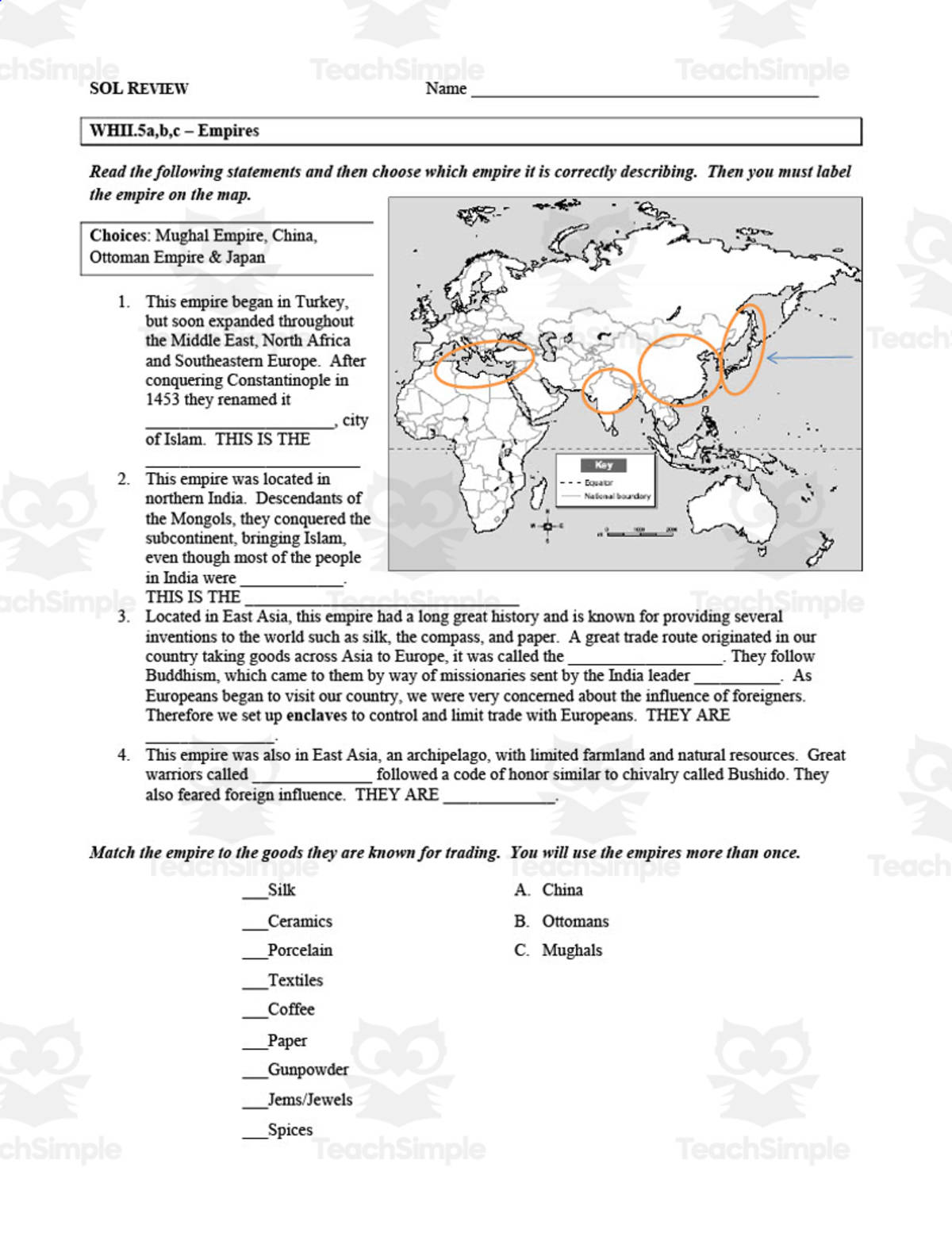 An educational teaching resource from History with DeLong entitled Review for Empires + Imperialism Worksheet downloadable at Teach Simple.