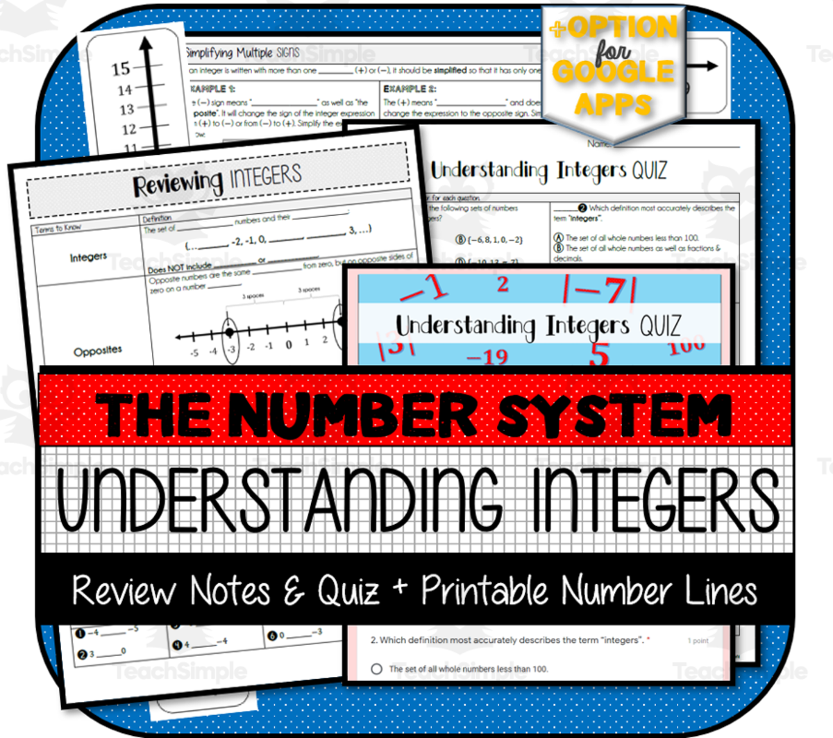 An educational teaching resource from The Math Cafe entitled Reviewing Integers NOTES & QUIZ (Pre-Requisite for 7th Grade Math) downloadable at Teach Simple.