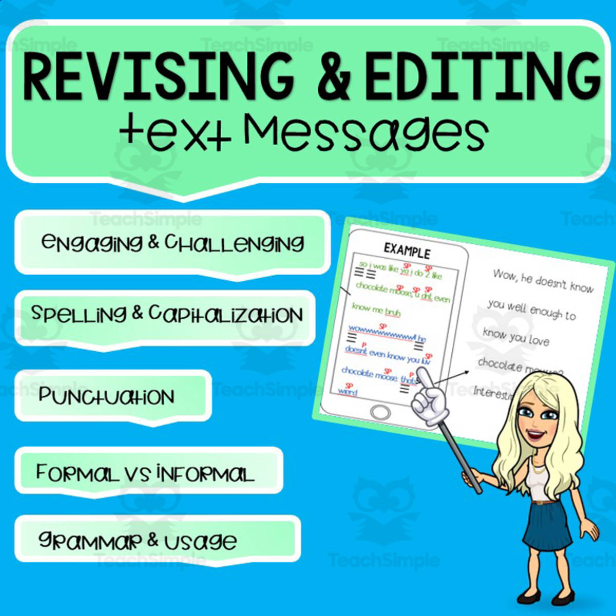 An educational teaching resource from Hey Teacher Shoppe entitled Revising and Editing Text Messages Activity downloadable at Teach Simple.