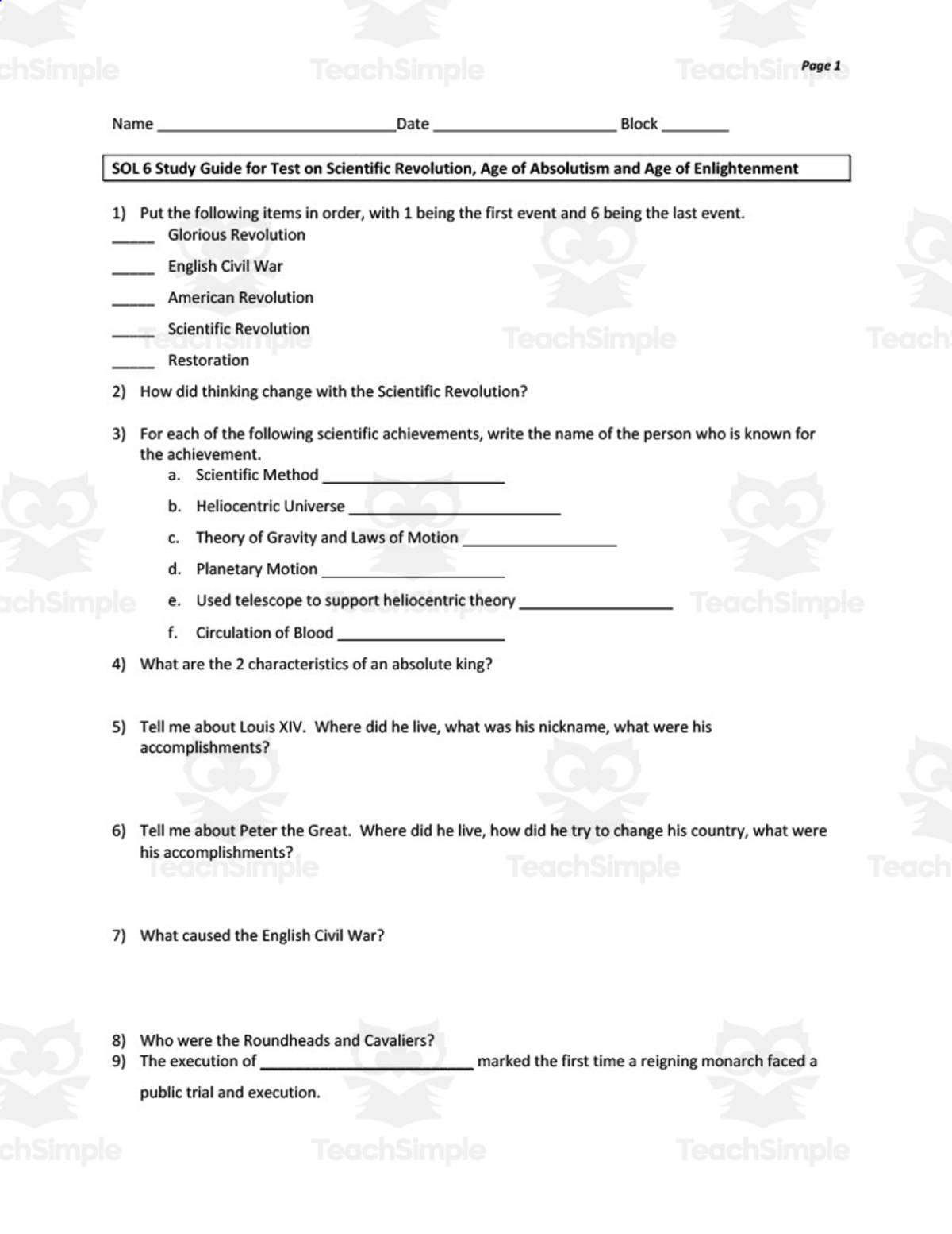 An educational teaching resource from History with DeLong entitled Revolution Study Guide downloadable at Teach Simple.
