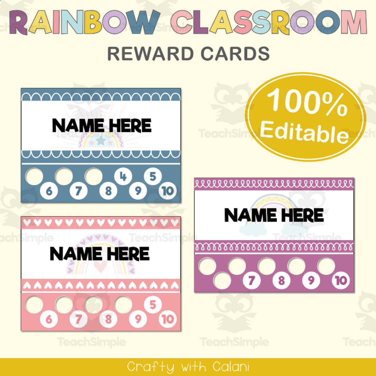 An educational teaching resource from Crafty with Calani entitled Reward Punch Cards in Pastel Rainbow Theme - 100% Editable downloadable at Teach Simple.