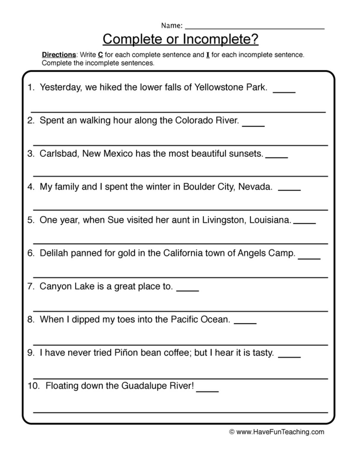 An educational teaching resource from Have Fun Teaching entitled Rewriting Incomplete Sentences Worksheet downloadable at Teach Simple.