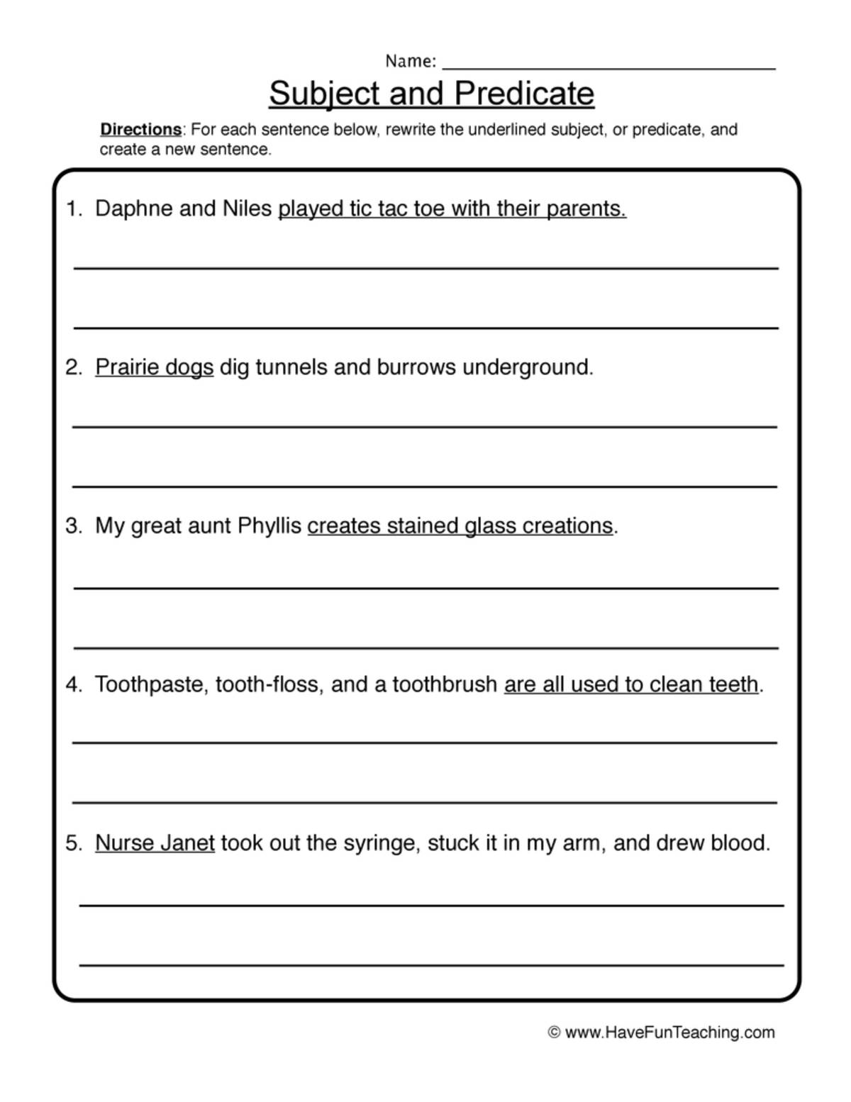 An educational teaching resource from Have Fun Teaching entitled Rewriting Subject Predicate Sentences Worksheet downloadable at Teach Simple.