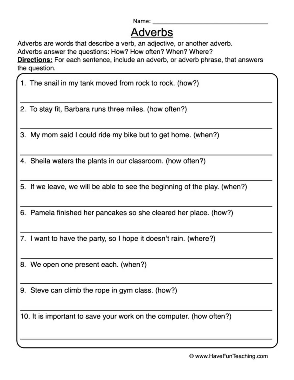 An educational teaching resource from Have Fun Teaching entitled Rewriting with Adverbs Worksheet downloadable at Teach Simple.