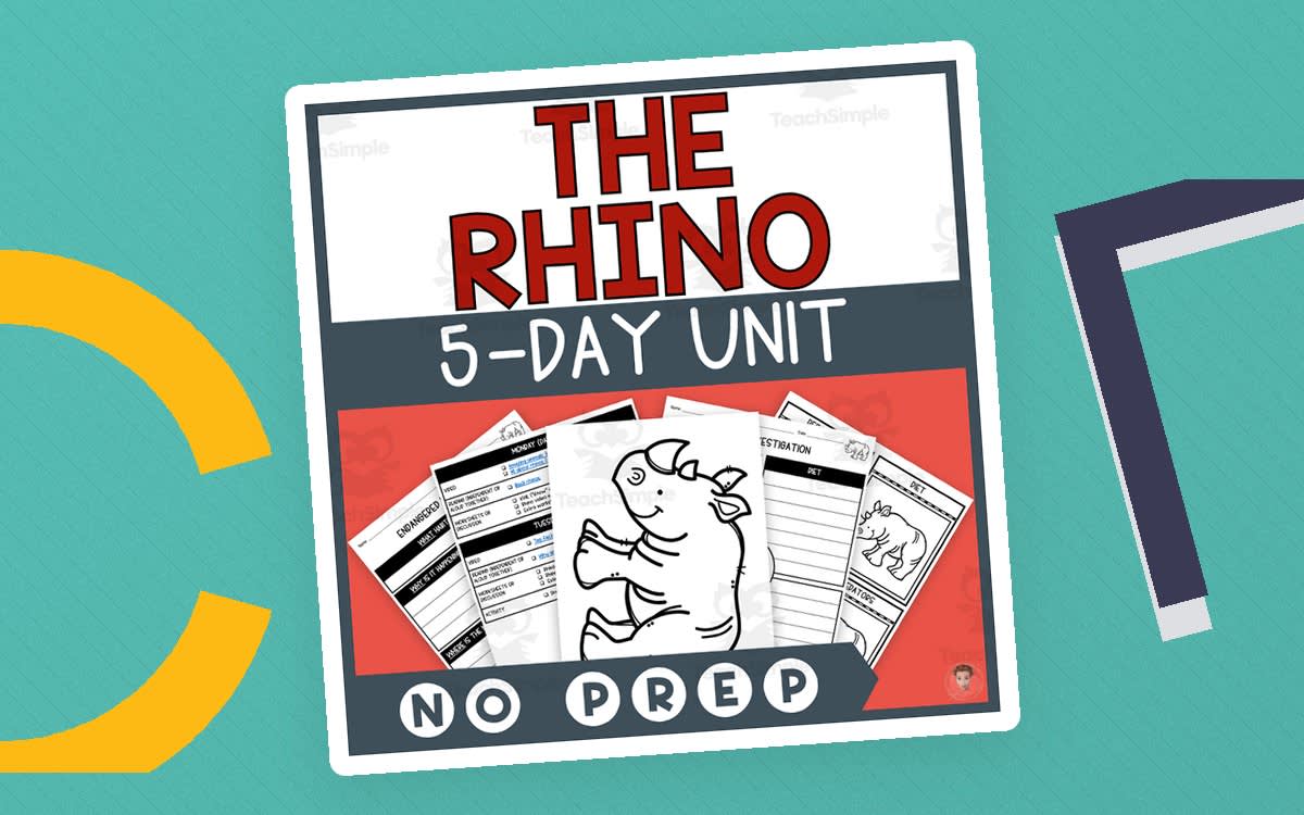 An educational teaching resource from Heather Huhman entitled Rhino Unit Study (Endangered Animals Lesson Plan, Videos, Activities) downloadable at Teach Simple.