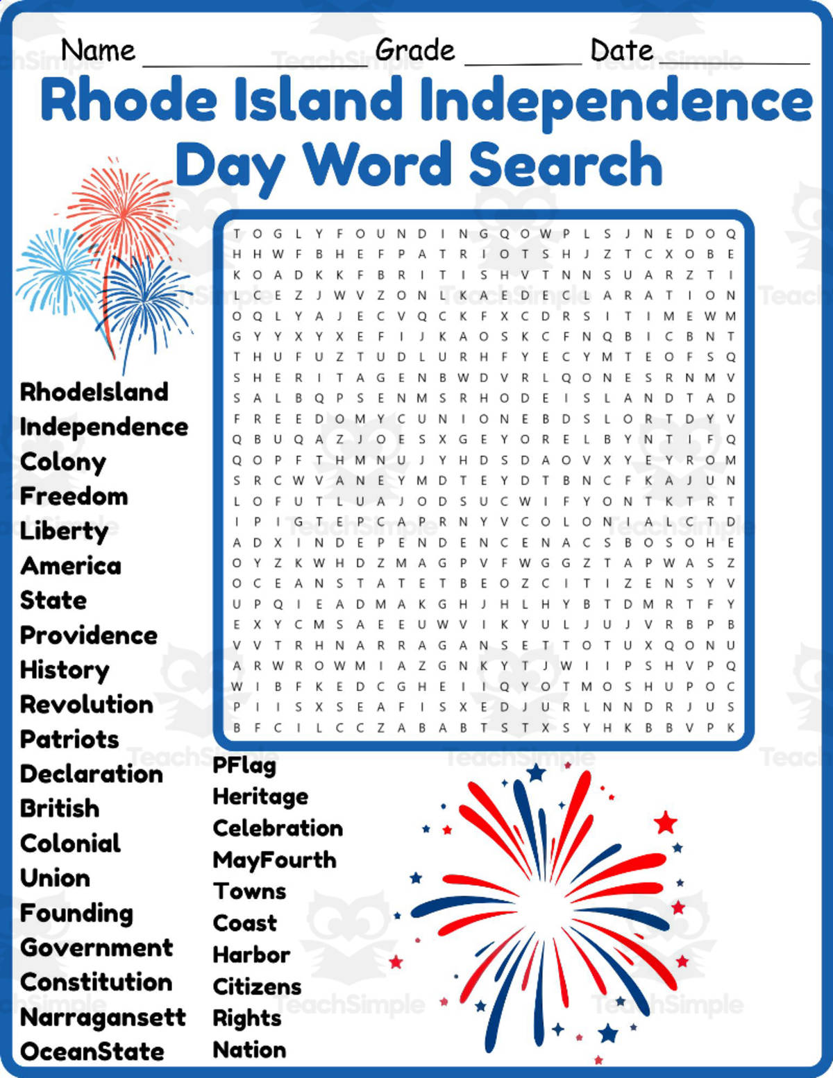 An educational teaching resource from Classsimple entitled Rhode Island Independence Day Word Search 2nd 3rd 4th 5th Grade downloadable at Teach Simple.