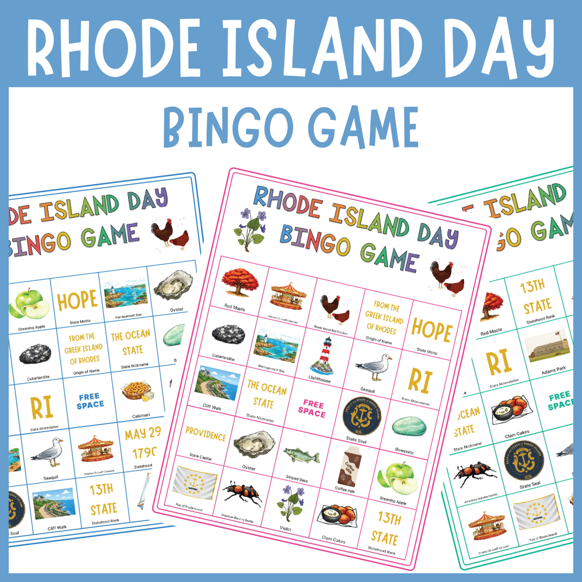 An educational teaching resource from The Clever Llama entitled Rhode Island ocean state bingo game luau symbols culture history downloadable at Teach Simple.