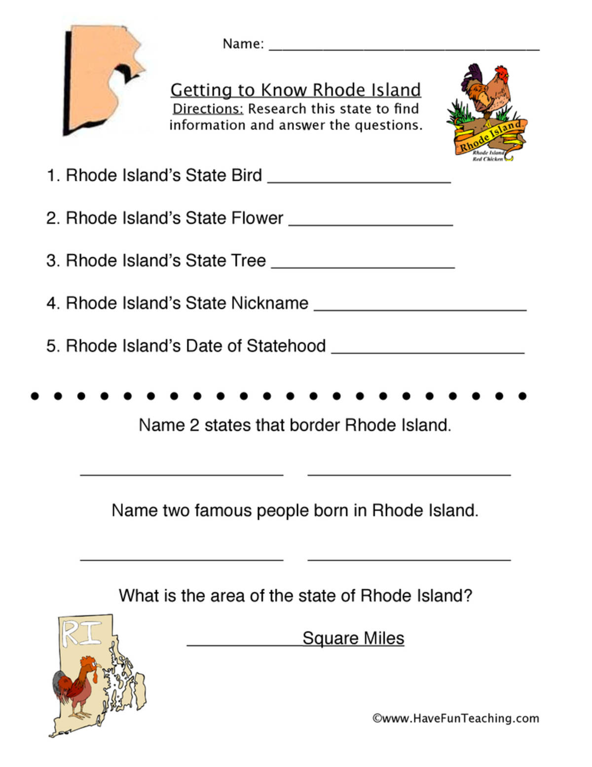 An educational teaching resource from Have Fun Teaching entitled Rhode Island Worksheet downloadable at Teach Simple.