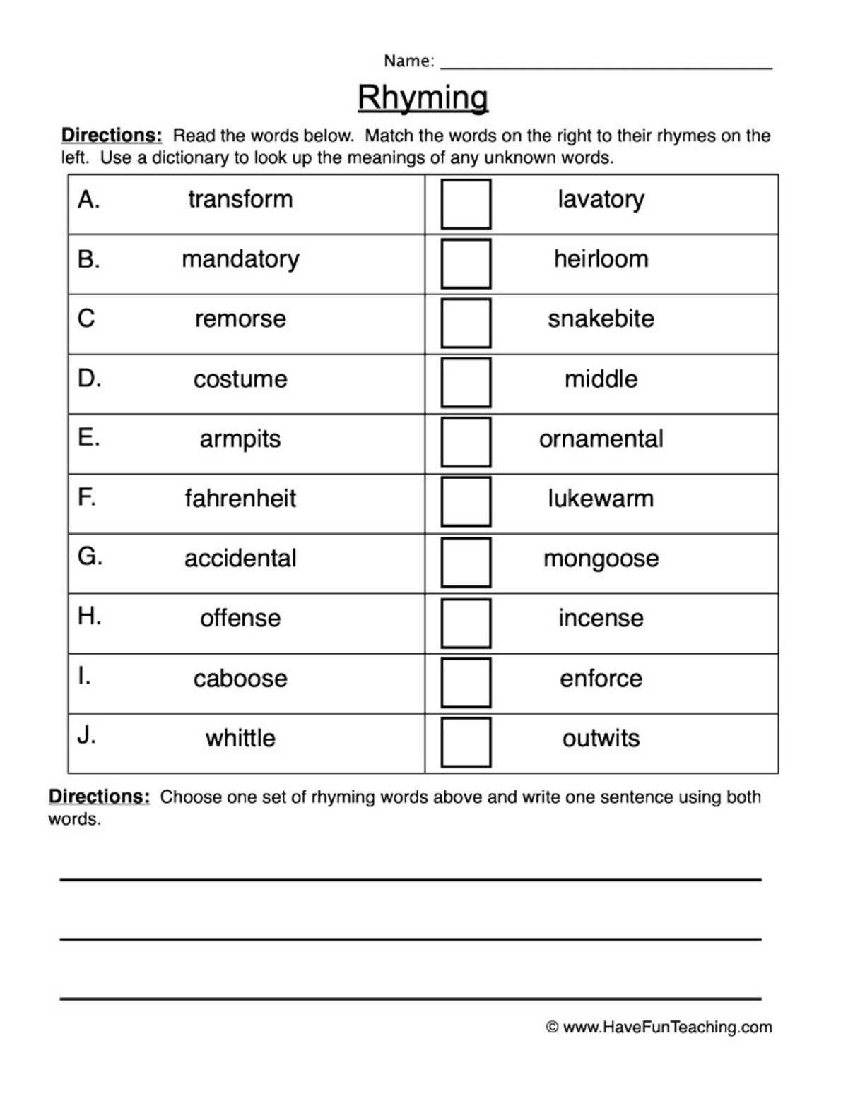 An educational teaching resource from Have Fun Teaching entitled Rhyming Matching Worksheet downloadable at Teach Simple.
