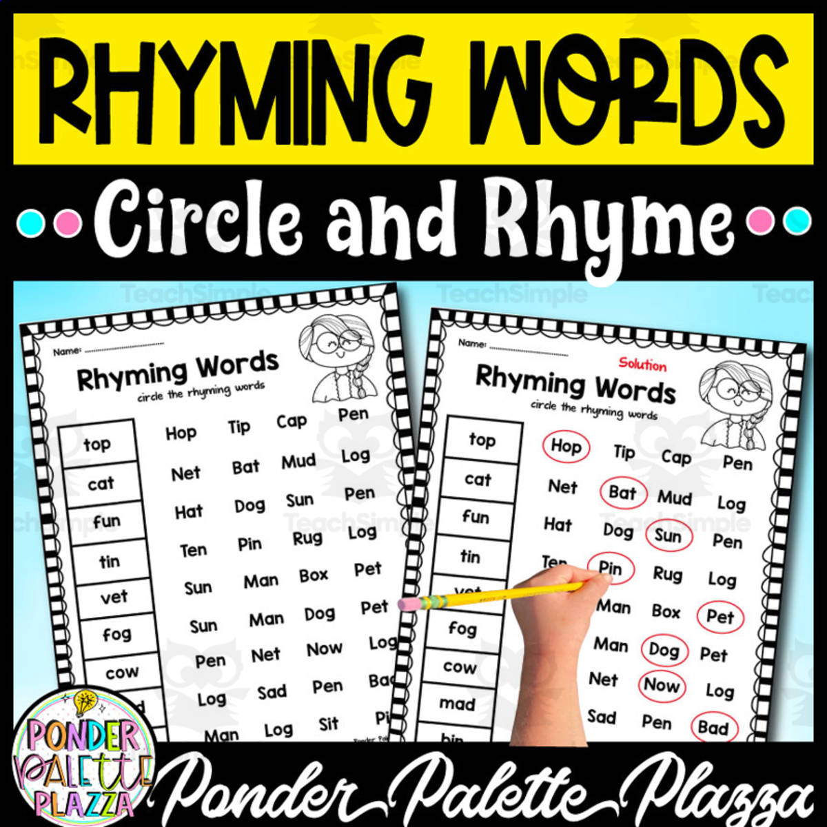 An educational teaching resource from Ponder Palette Plazza entitled Rhyming Words - Circle and Match downloadable at Teach Simple.