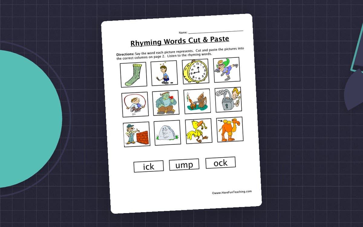 An educational teaching resource from Have Fun Teaching entitled Rhyming Words -ick, -ock, -ump Cut and Paste Worksheet downloadable at Teach Simple.