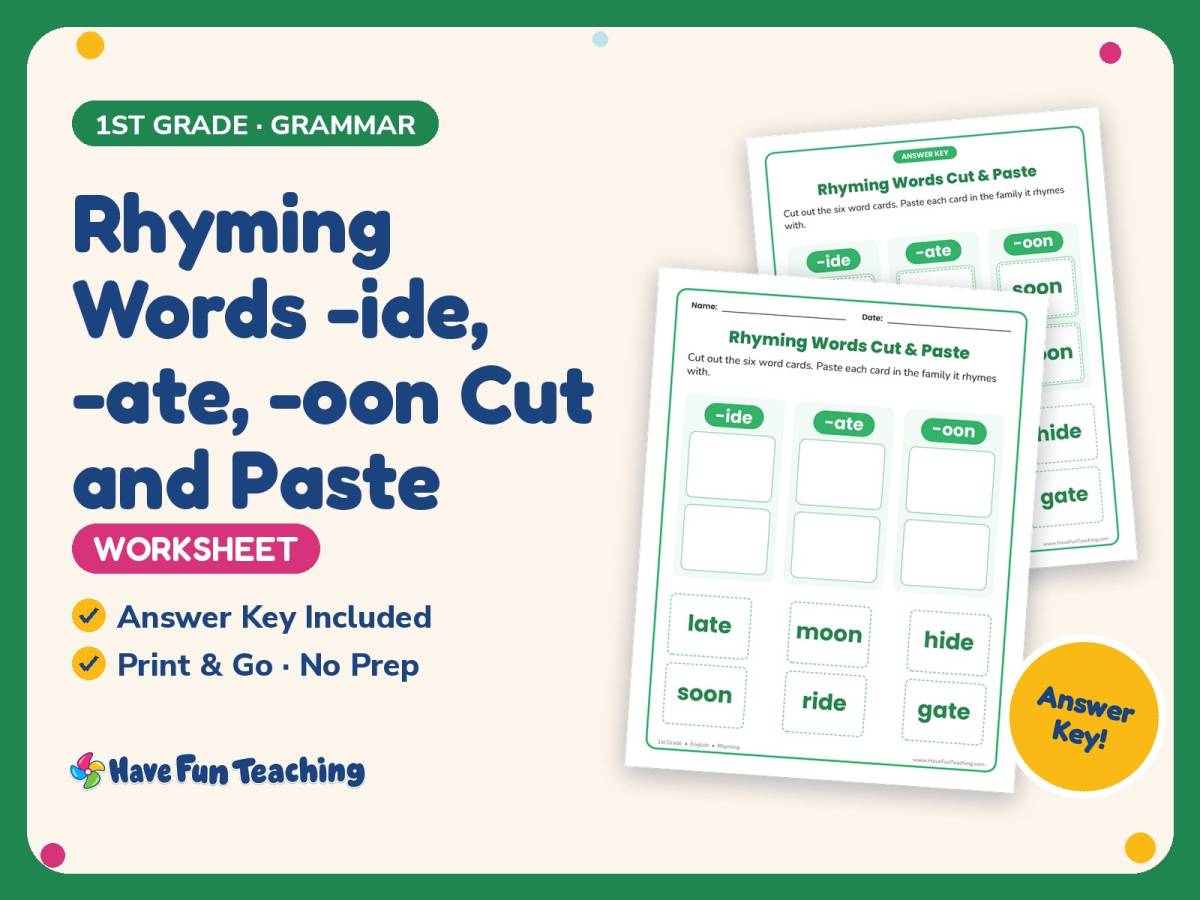 Rhyming Words -ide, -ate, -oon Cut and Paste Worksheet – 1st Grade preview