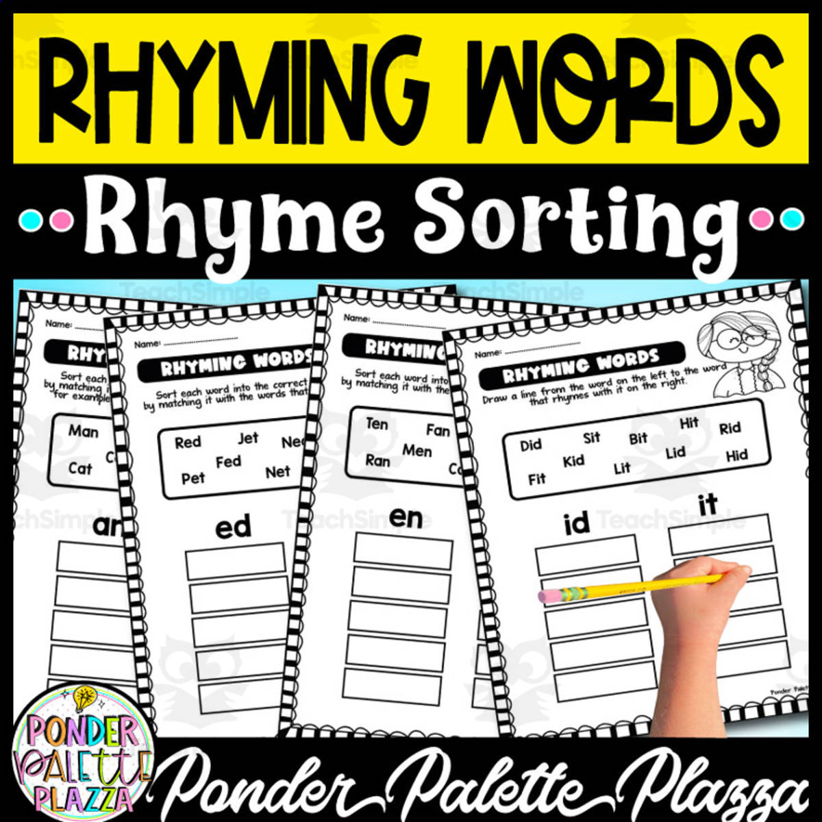 An educational teaching resource from Ponder Palette Plazza entitled Rhyming Words - Sorting Activity downloadable at Teach Simple.