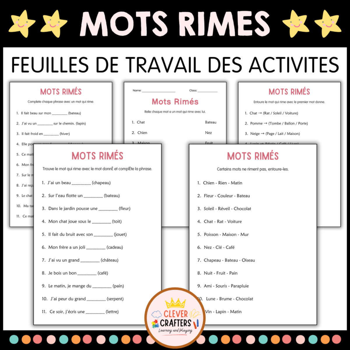 An educational teaching resource from Clever Crafters entitled Rhyming Words Worksheets in French downloadable at Teach Simple.