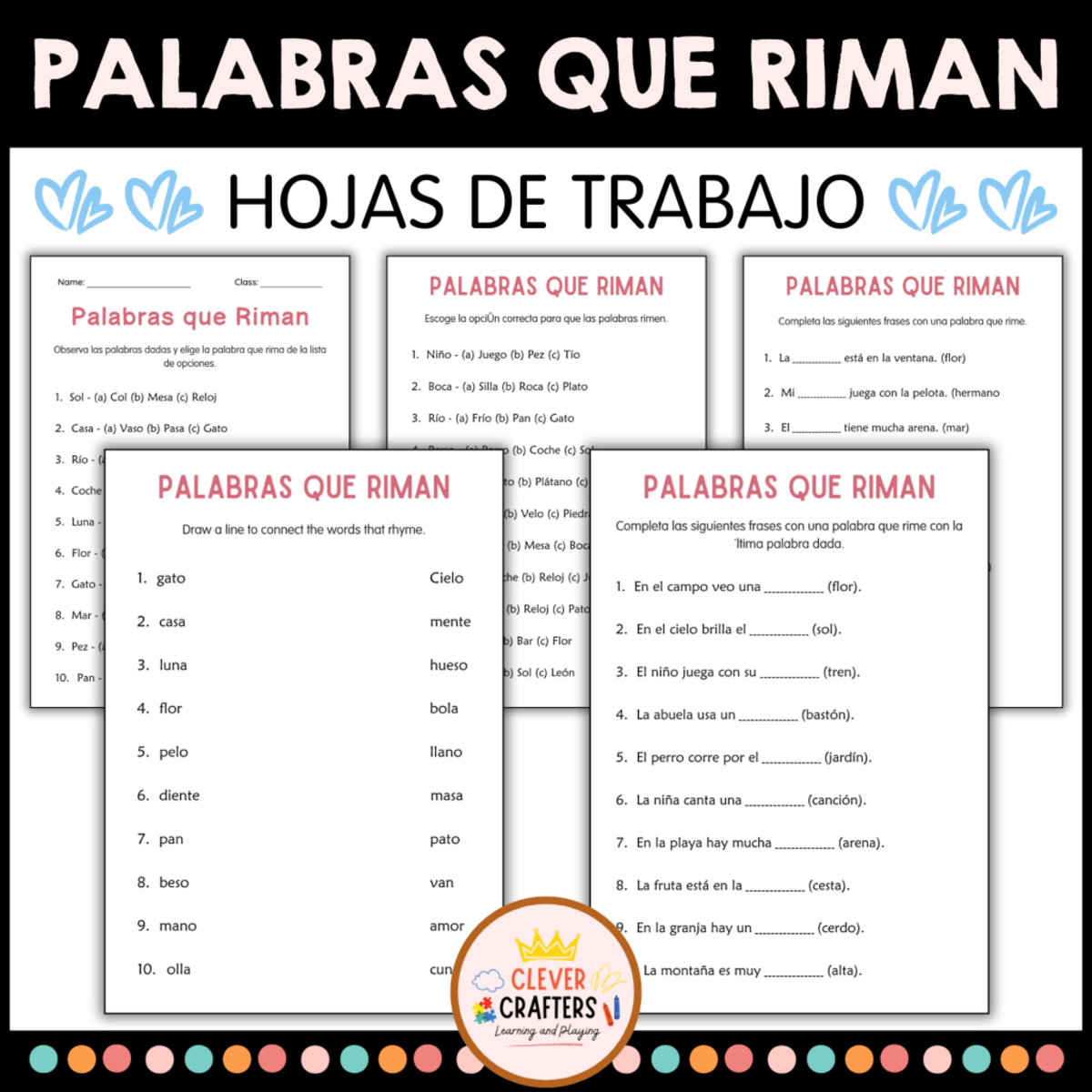 An educational teaching resource from Clever Crafters entitled Rhyming Words Worksheets in Spanish downloadable at Teach Simple.