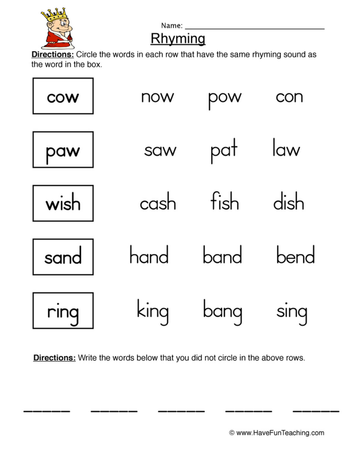 An educational teaching resource from Have Fun Teaching entitled Rhyming Worksheet downloadable at Teach Simple.