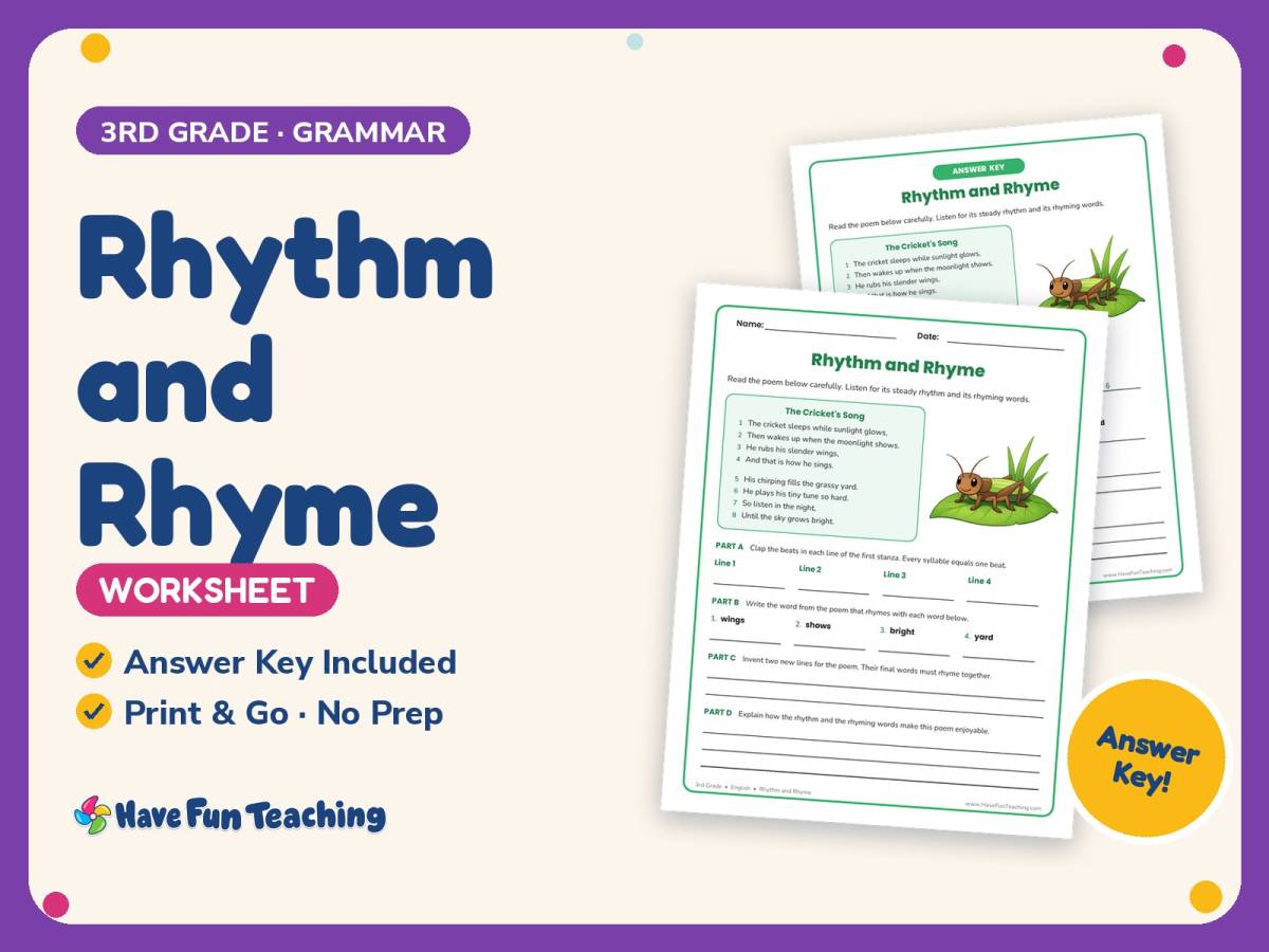 Rhythm and Rhyme Worksheet – 3rd Grade Insects & Poetry Practice preview