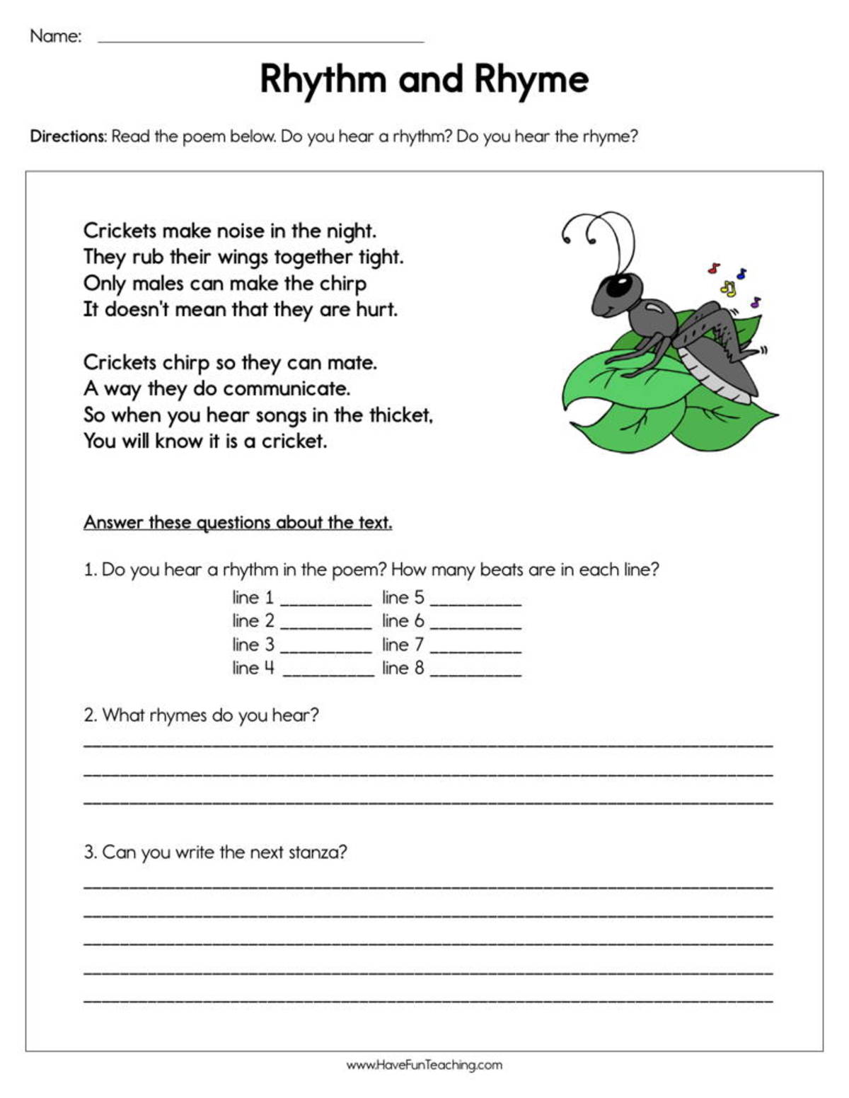An educational teaching resource from Have Fun Teaching entitled Rhythm and Rhyme Worksheet downloadable at Teach Simple.