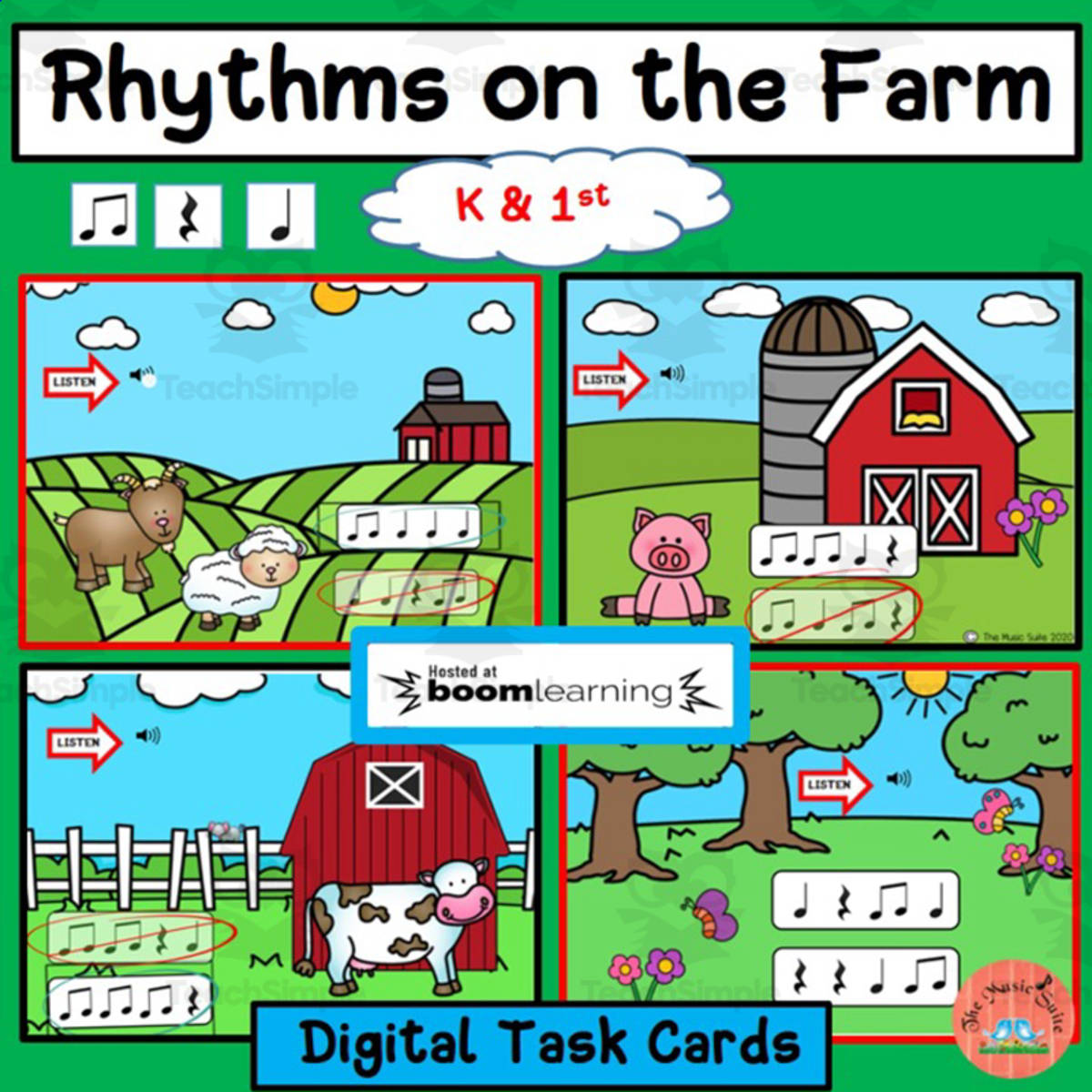 An educational teaching resource from The Music Suite entitled Rhythms on the Farm Boom Cards for Kinder + 1st Grade downloadable at Teach Simple.