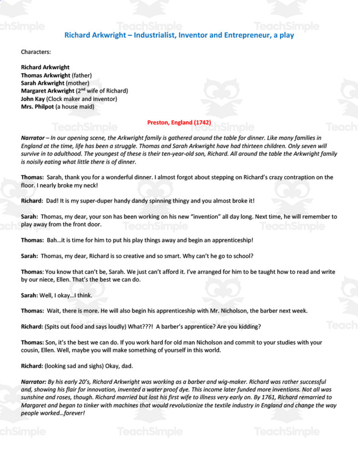 An educational teaching resource from BCM Creations entitled "Richard Arkwright – Industrialist" - A History Play downloadable at Teach Simple.