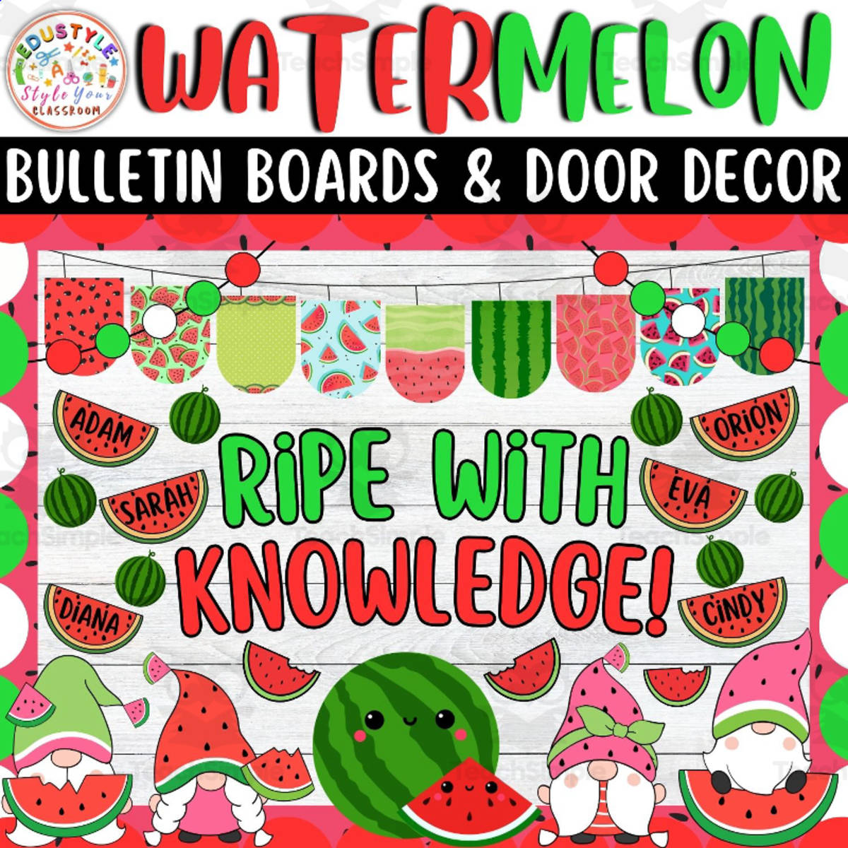 An educational teaching resource from Style Your Classroom entitled Ripe with Knowledge: Summer Bulletin boards And door Decor kit downloadable at Teach Simple.