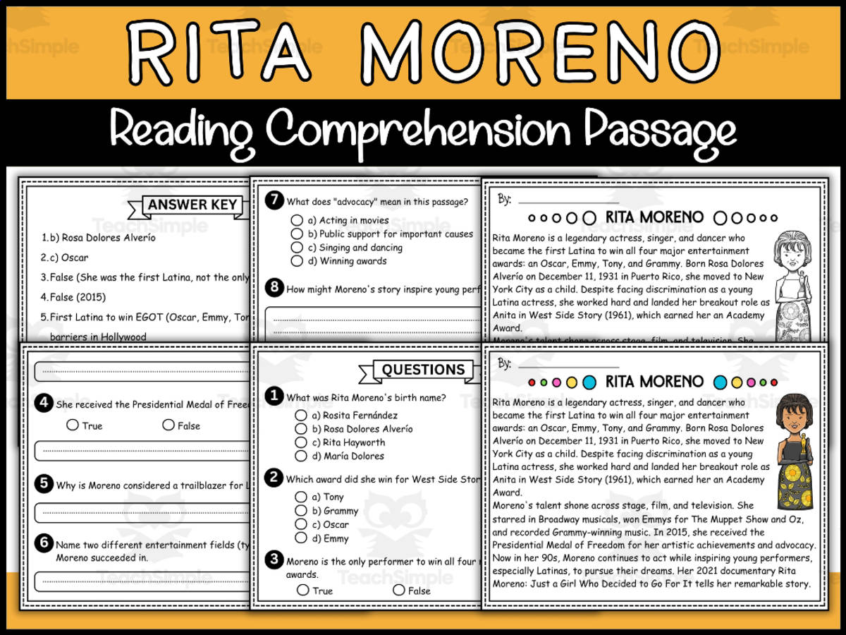 An educational teaching resource from Wonderland School entitled Rita Moreno Reading Comprehension Passage and Questions downloadable at Teach Simple.