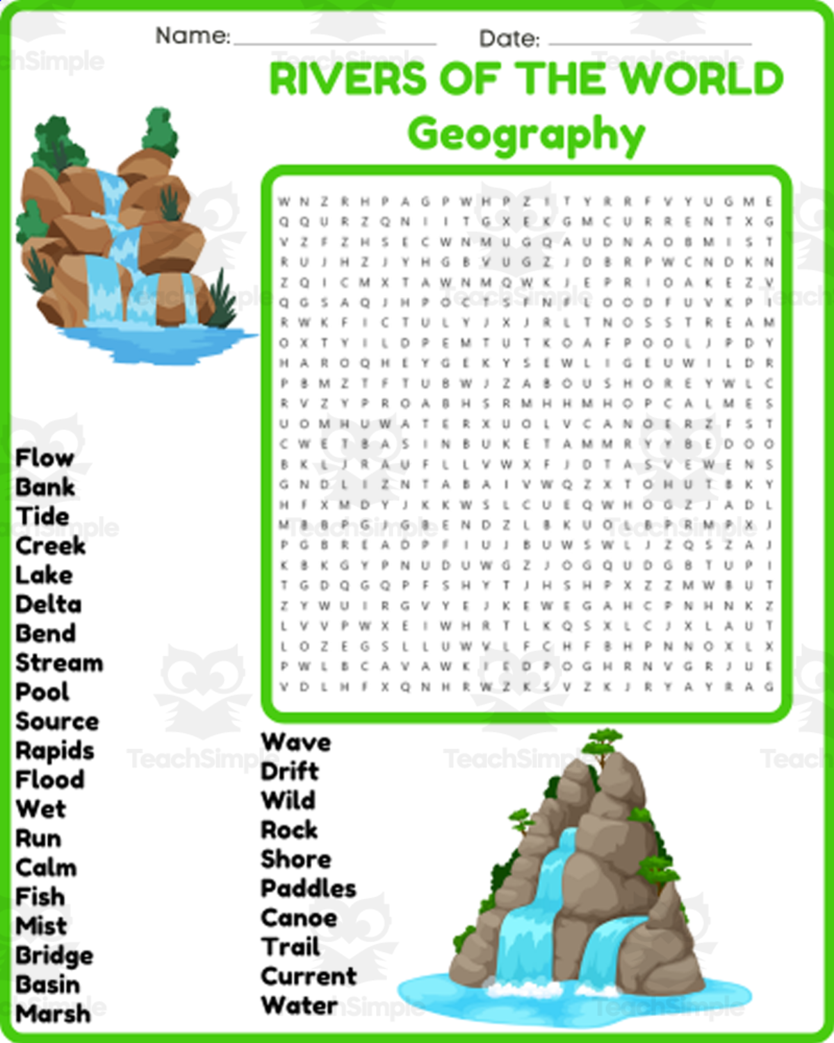 An educational teaching resource from space shope entitled RIVERS OF THE WORLD Geography Word Search Puzzle Worksheet Activity downloadable at Teach Simple.