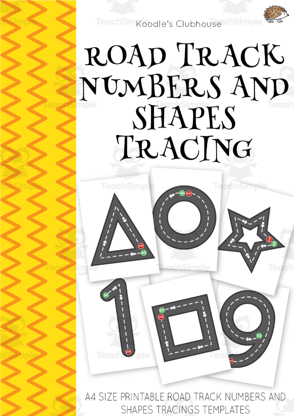 An educational teaching resource from Koodles Clubhouse entitled Road Track Numbers and Shapes Tracing downloadable at Teach Simple.