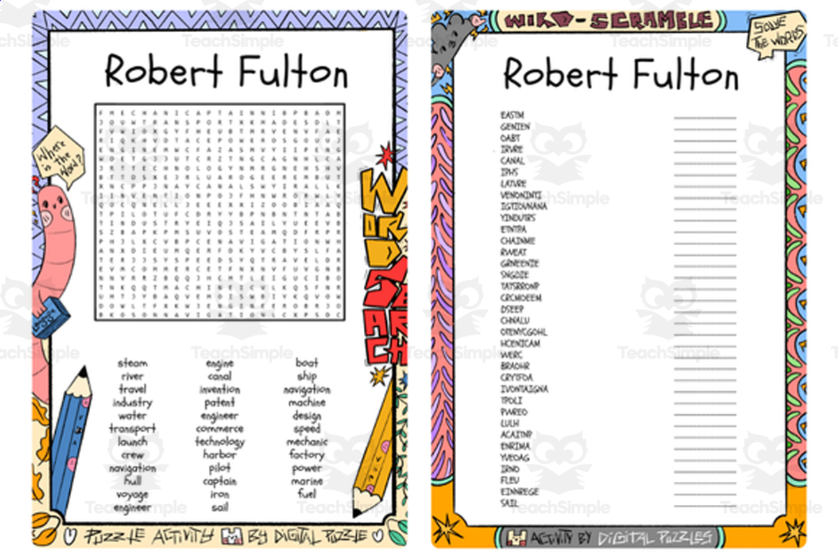 An educational teaching resource from Lapiiin Art Activities entitled Robert Fulton word search & scramble downloadable at Teach Simple.