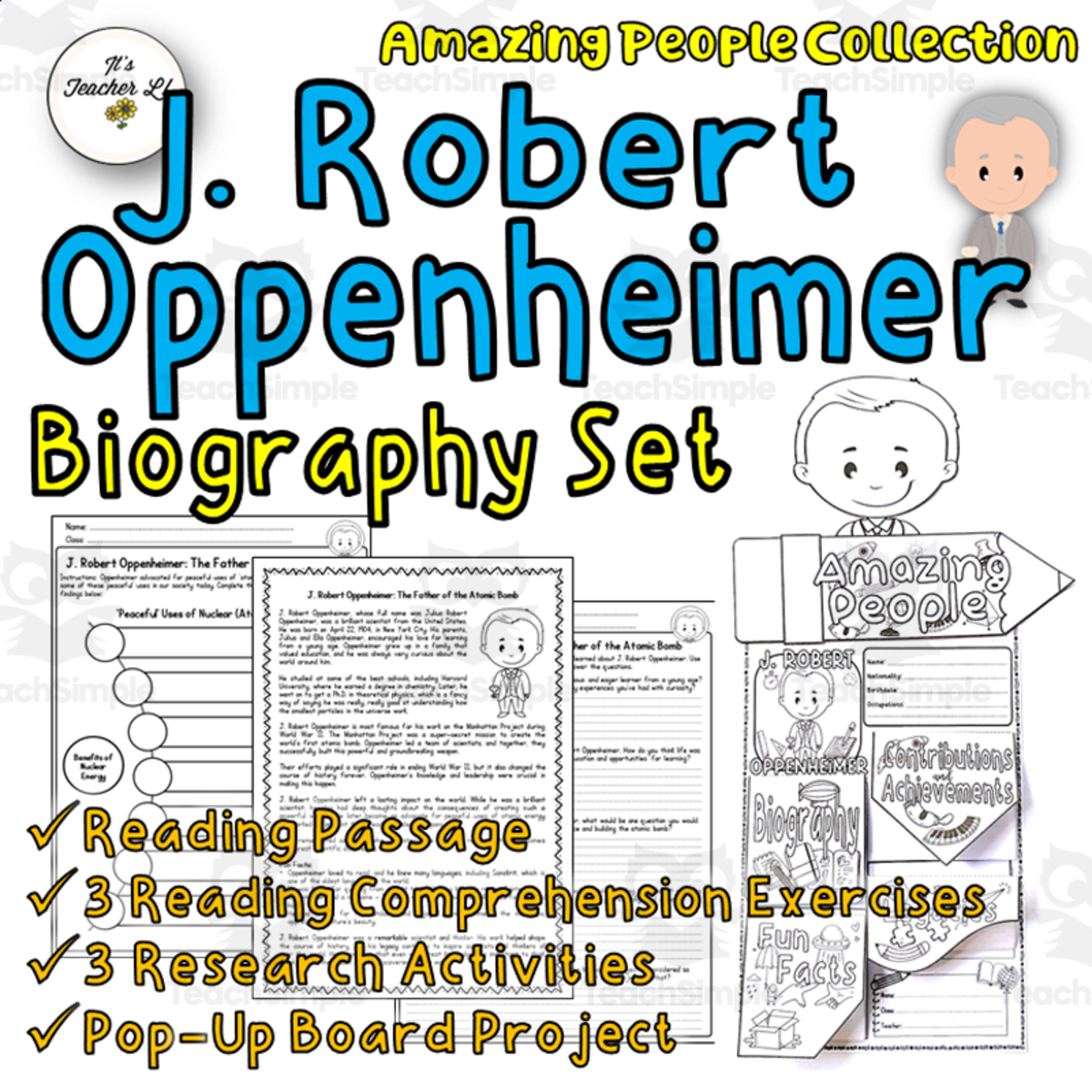 An educational teaching resource from It's Teacher L entitled Robert Oppenheimer Biography Set | Integrated Study | Sub Plan downloadable at Teach Simple.