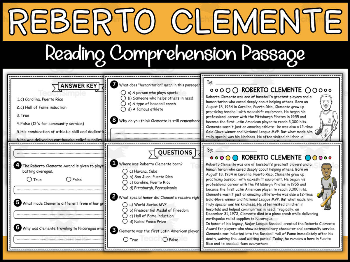 An educational teaching resource from Wonderland School entitled Roberto Clemente Reading Comprehension Passage and Questions downloadable at Teach Simple.