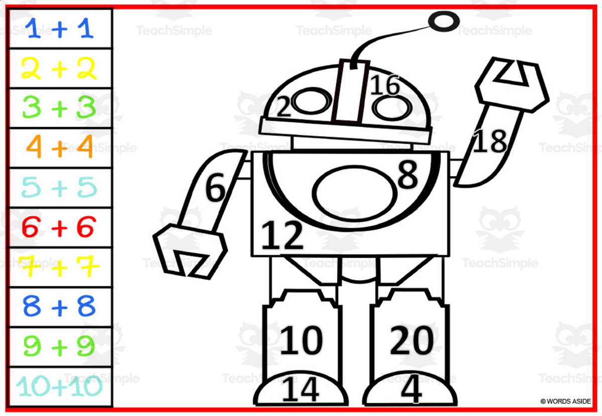 An educational teaching resource from WORDS ASIDE entitled Robot Addition Doubles Facts | Color by Number Set 4 downloadable at Teach Simple.