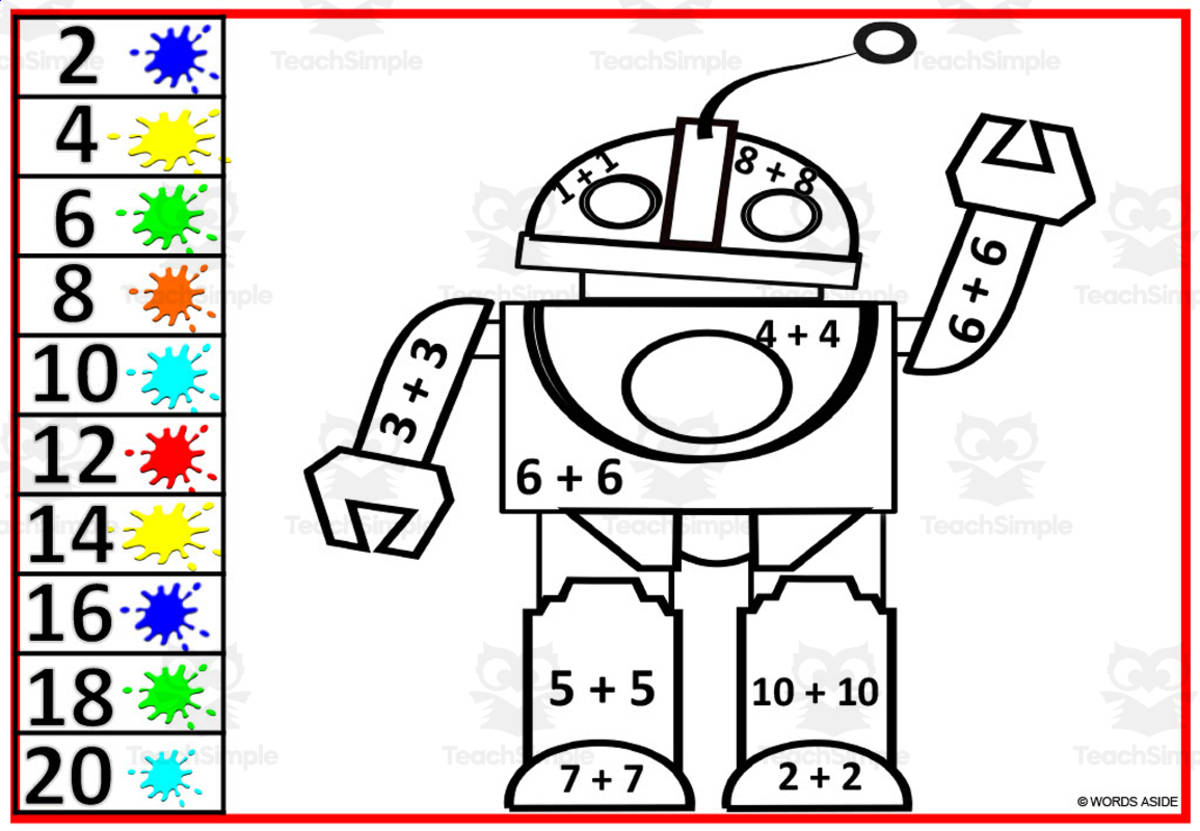 An educational teaching resource from WORDS ASIDE entitled Robot Addition Doubles Facts | Color by Number Set 6 downloadable at Teach Simple.