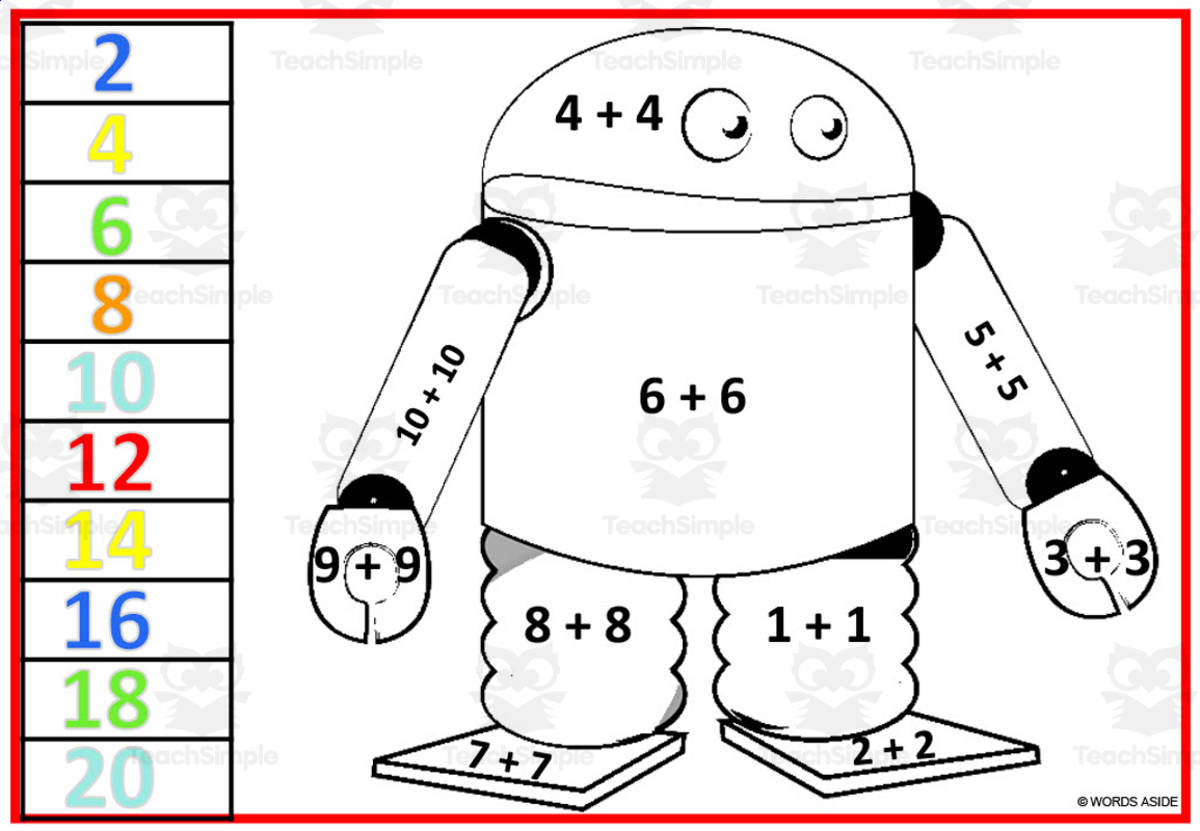 An educational teaching resource from WORDS ASIDE entitled Robot Addition Doubles Facts | Color by Number Set 7 downloadable at Teach Simple.